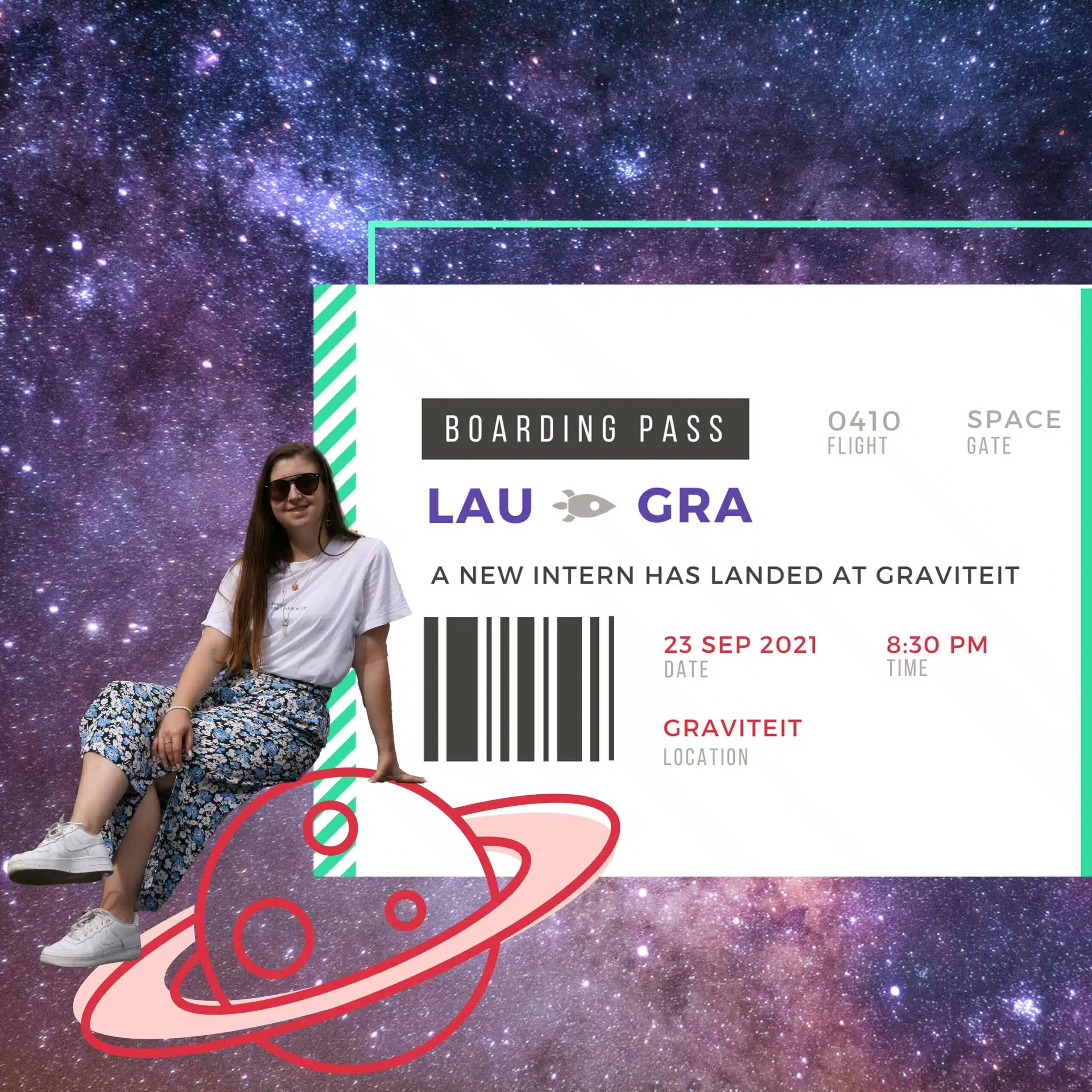 Een boarding pass-ontwerp met een achtergrond van de ruimte, een planeetillustratie, en stagiair van Graviteit zittend in een casual outfit.