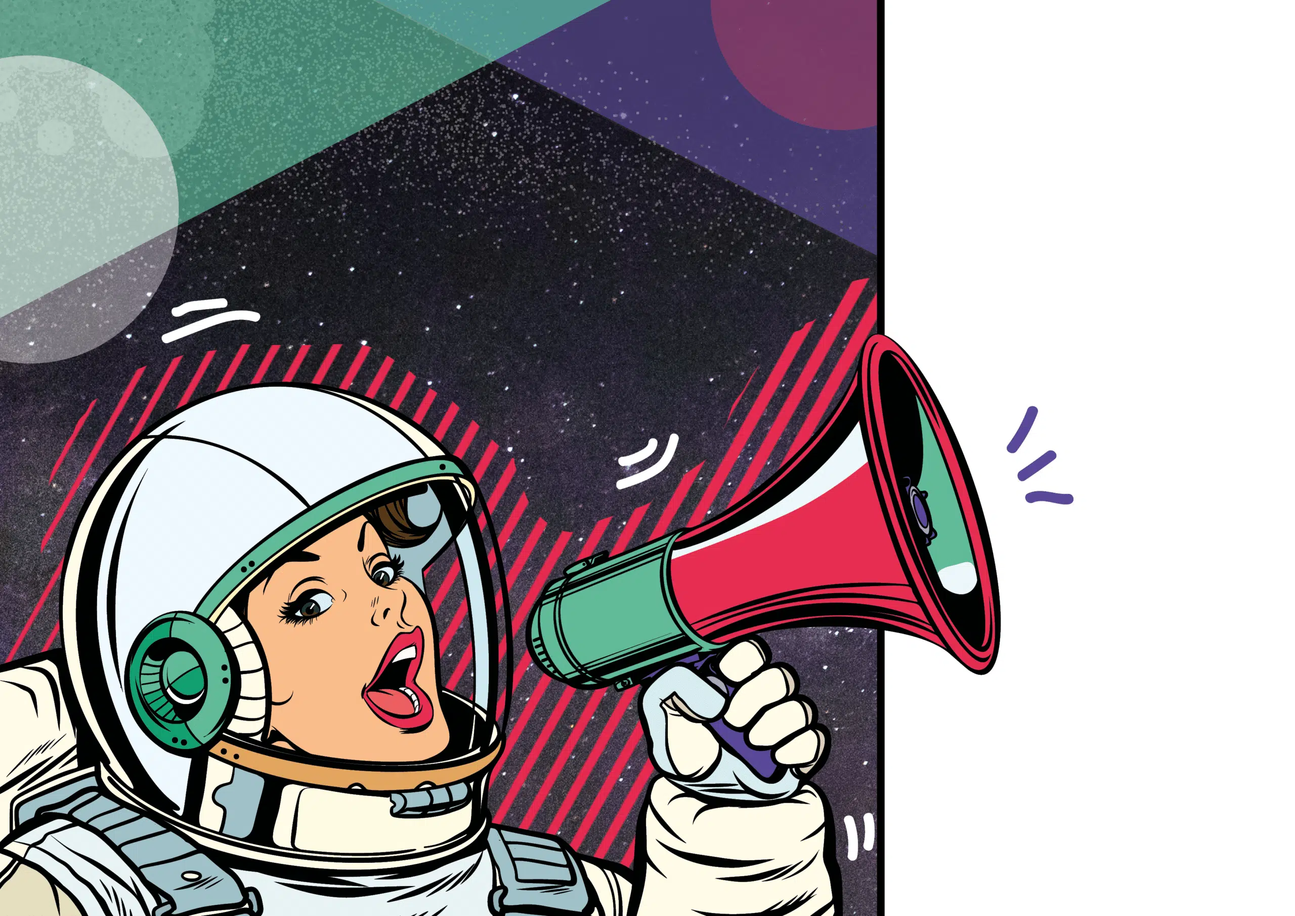 Illustratie van een vrouw in een ruimtepak die in een megafoon spreekt. De achtergrond toont abstracte vormen en een sterrenhemel.