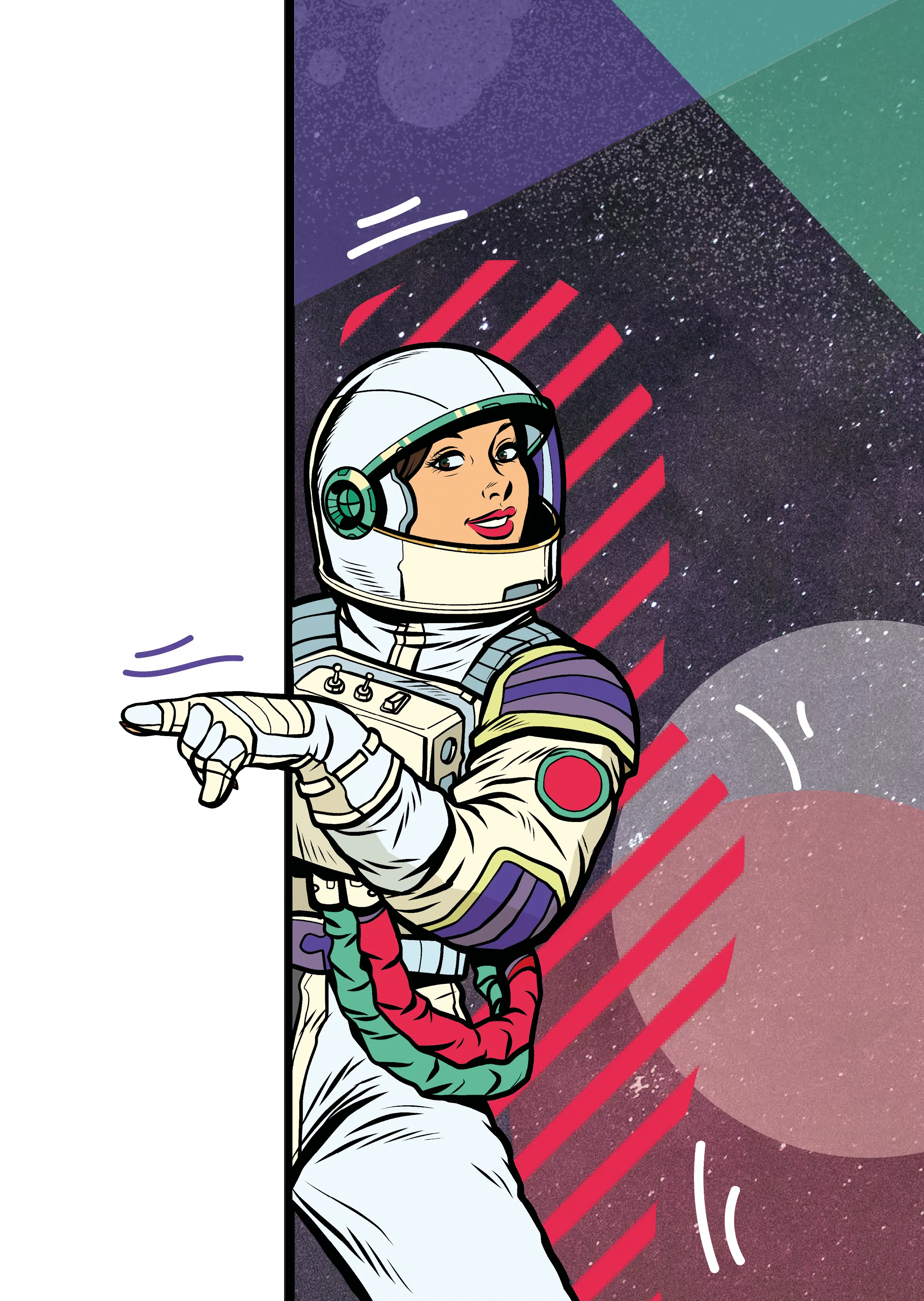 Illustratie van een vrouw in een ruimtepak die om een rand heen kijkt en wijst. De achtergrond toont abstracte vormen en een sterrenhemel.