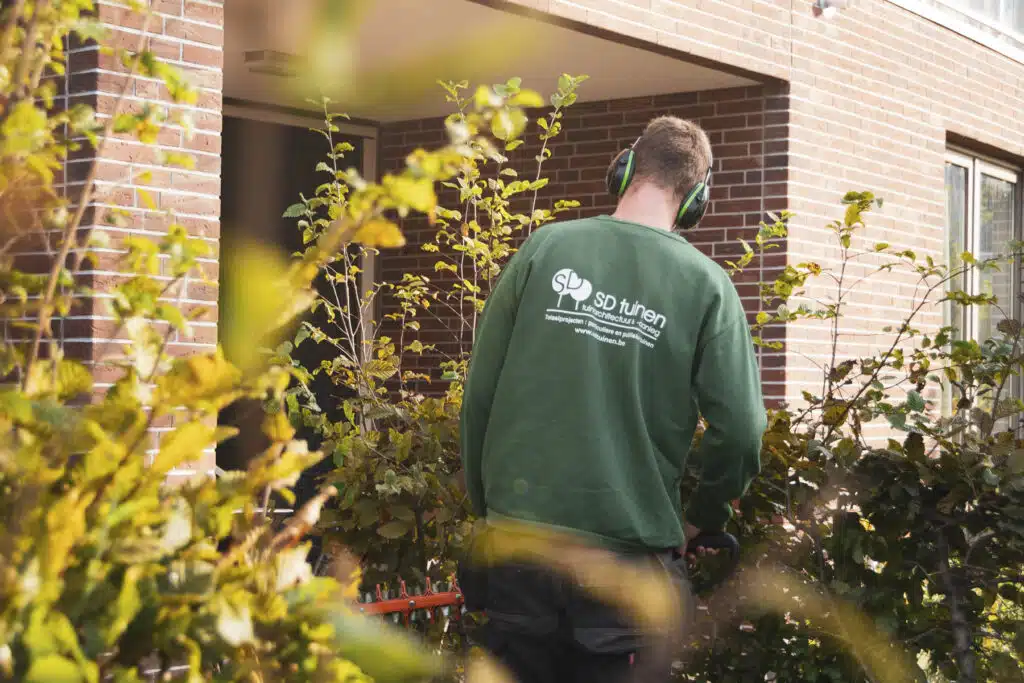 SD Tuinen medewerker in groen werkkleed met gehoorbescherming snoeit struiken bij een woning