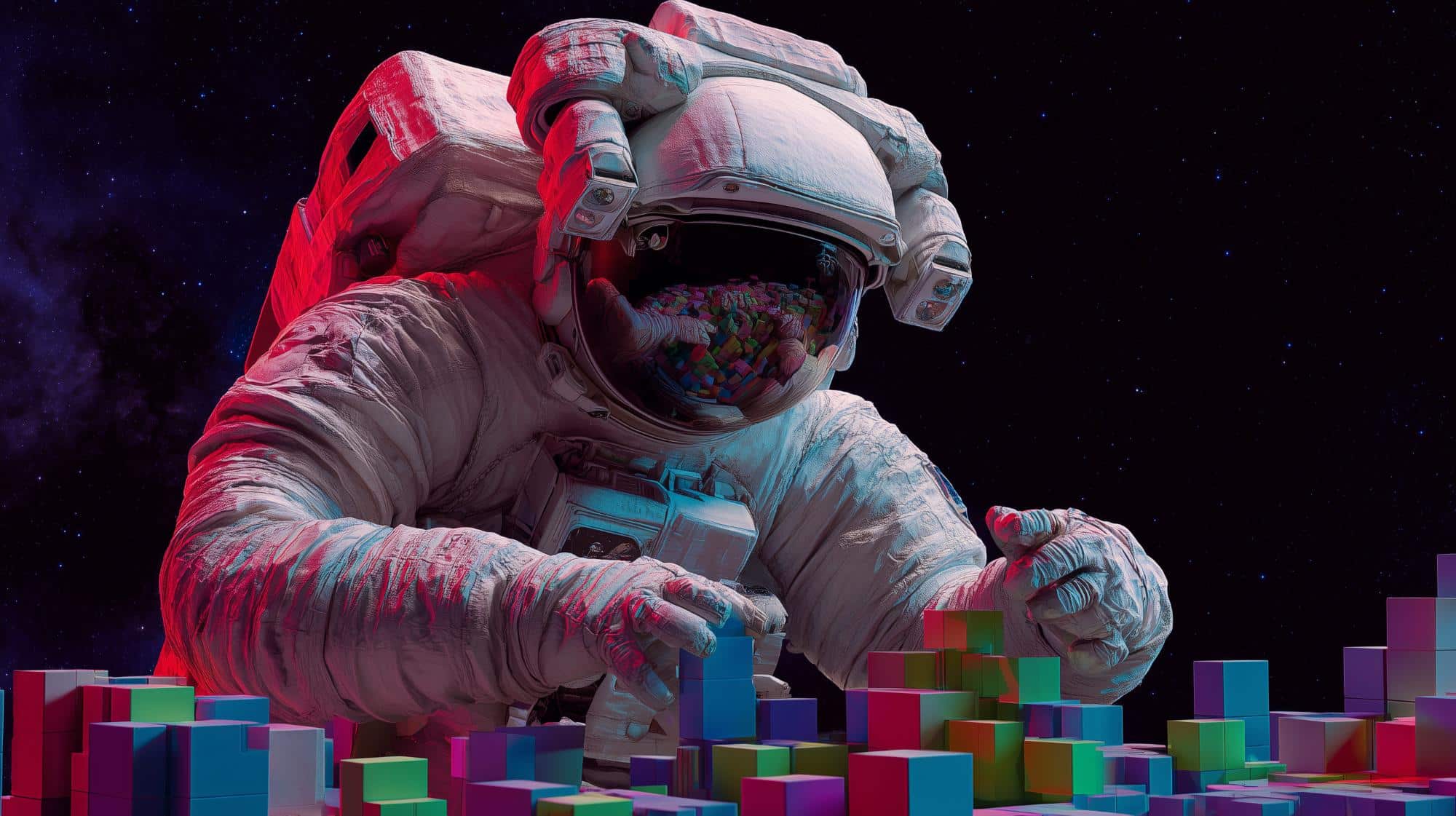 Astronaut ordent bouwstenen als metafoor voor schema templates op een website