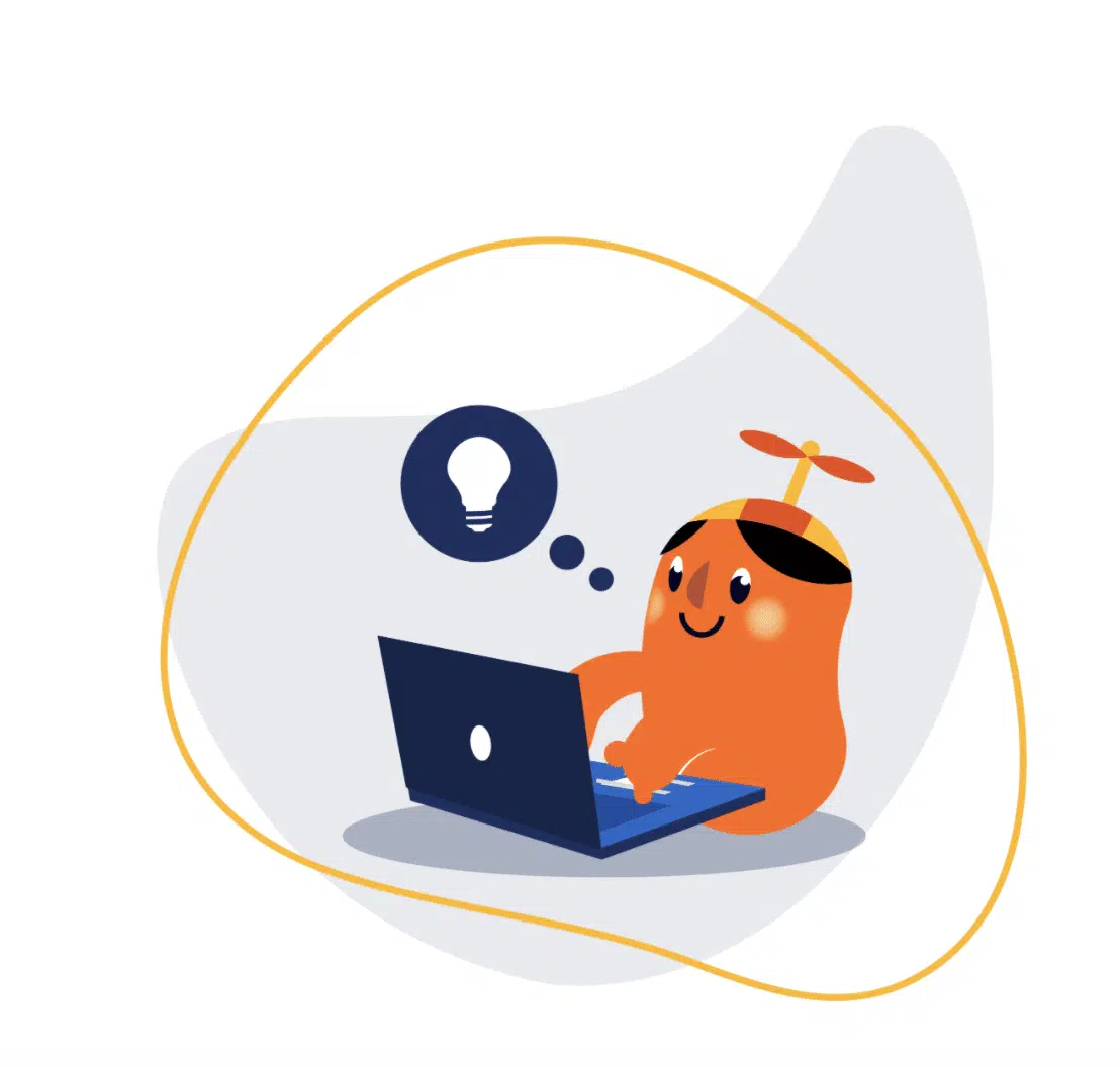 Een cartoonachtig figuurtje met een propellerhoed die achter een laptop zit en een idee bedenkt.