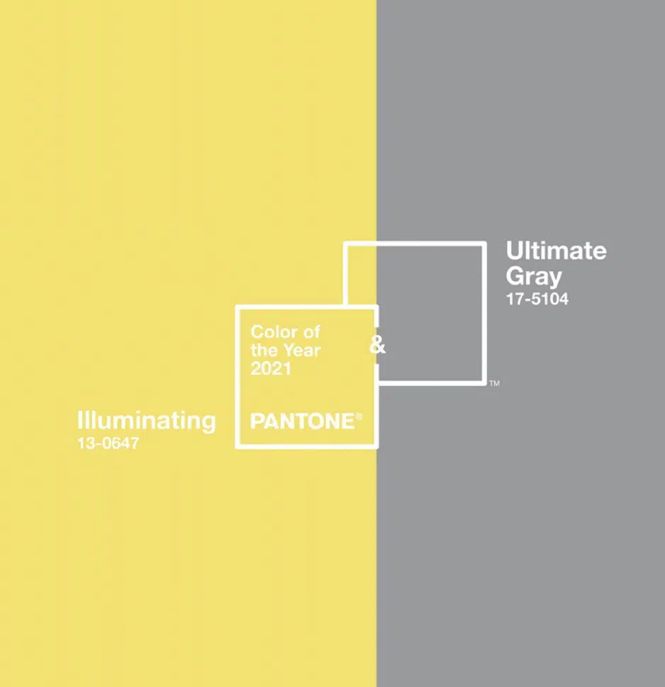 Een grafische weergave van de Pantone kleuren 'Illuminating' geel en 'Ultimate Gray' grijs, met de tekst "Color of the Year 2021".