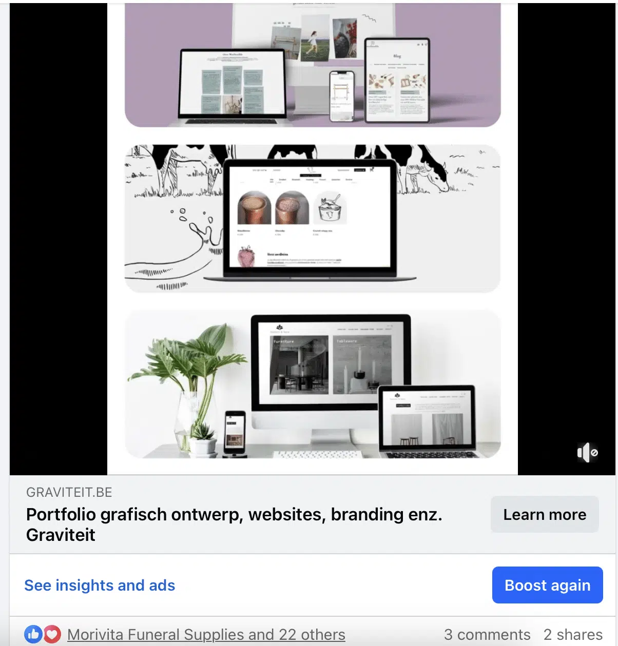 Graviteit portfolio showcase met mockups van websites en branding projecten op verschillende apparaten