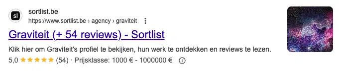 Google zoekresultaat voor Graviteit met 5-sterren beoordeling en 54 reviews, prijsklasse 1000-100000 euro