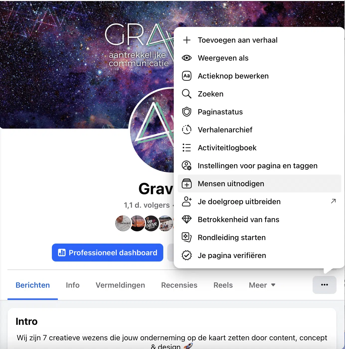 Facebook-pagina van Graviteit met dropdown-menu voor paginabeheer en social media opties zichtbaar