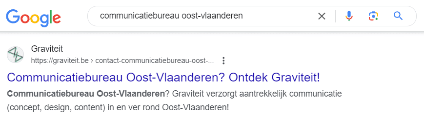 Een screenshot waarop te zien is dat Graviteit een goede positie behaalt met het keyword "Communicatiebureau Oost-Vlaanderen"