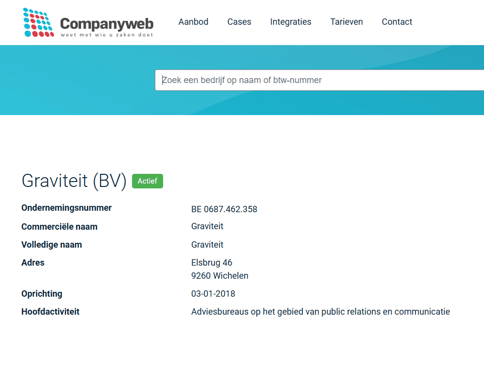 Companyweb bedrijfsprofiel van Graviteit BV – actief communicatiebureau in Wichelen, opgericht in 2018, gespecialiseerd in pu