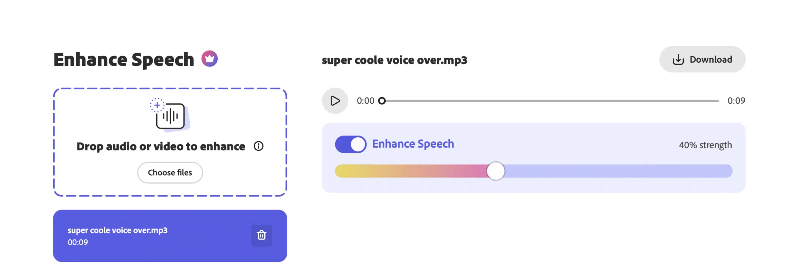 Een screenshot van Adobe Podcasts' audio enhancer