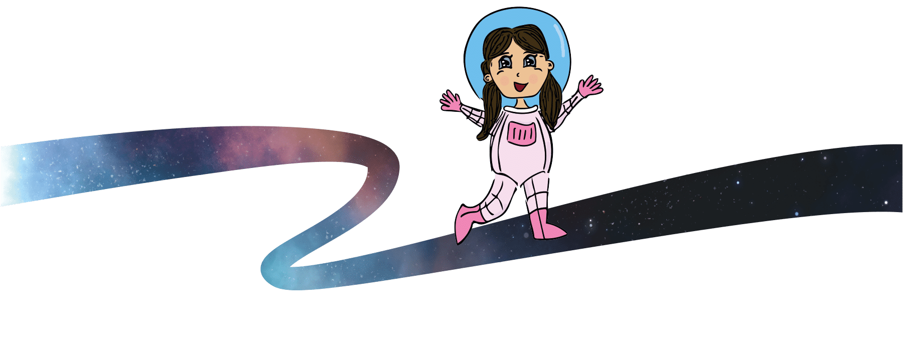 Illustratie van het meisje in een roze ruimtepak dat over een kronkelende sterrenpad loopt. Voor Febe haar stageblog in Bedrijfscommunicatie.