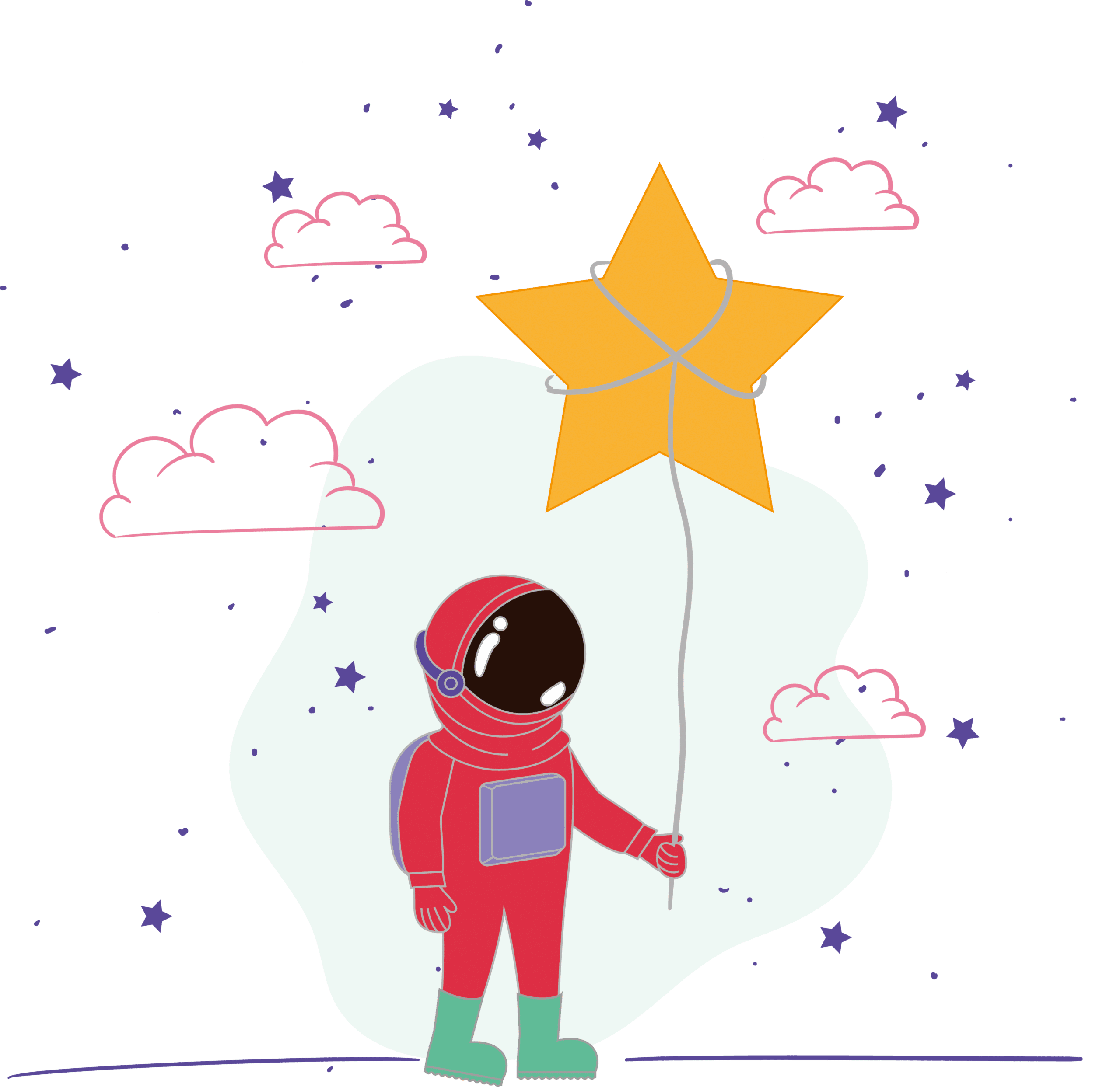 Illustratie van een astronaut in een rood ruimtepak die een gele ster ballon vasthoudt, met een groene achtergrond en sterren.