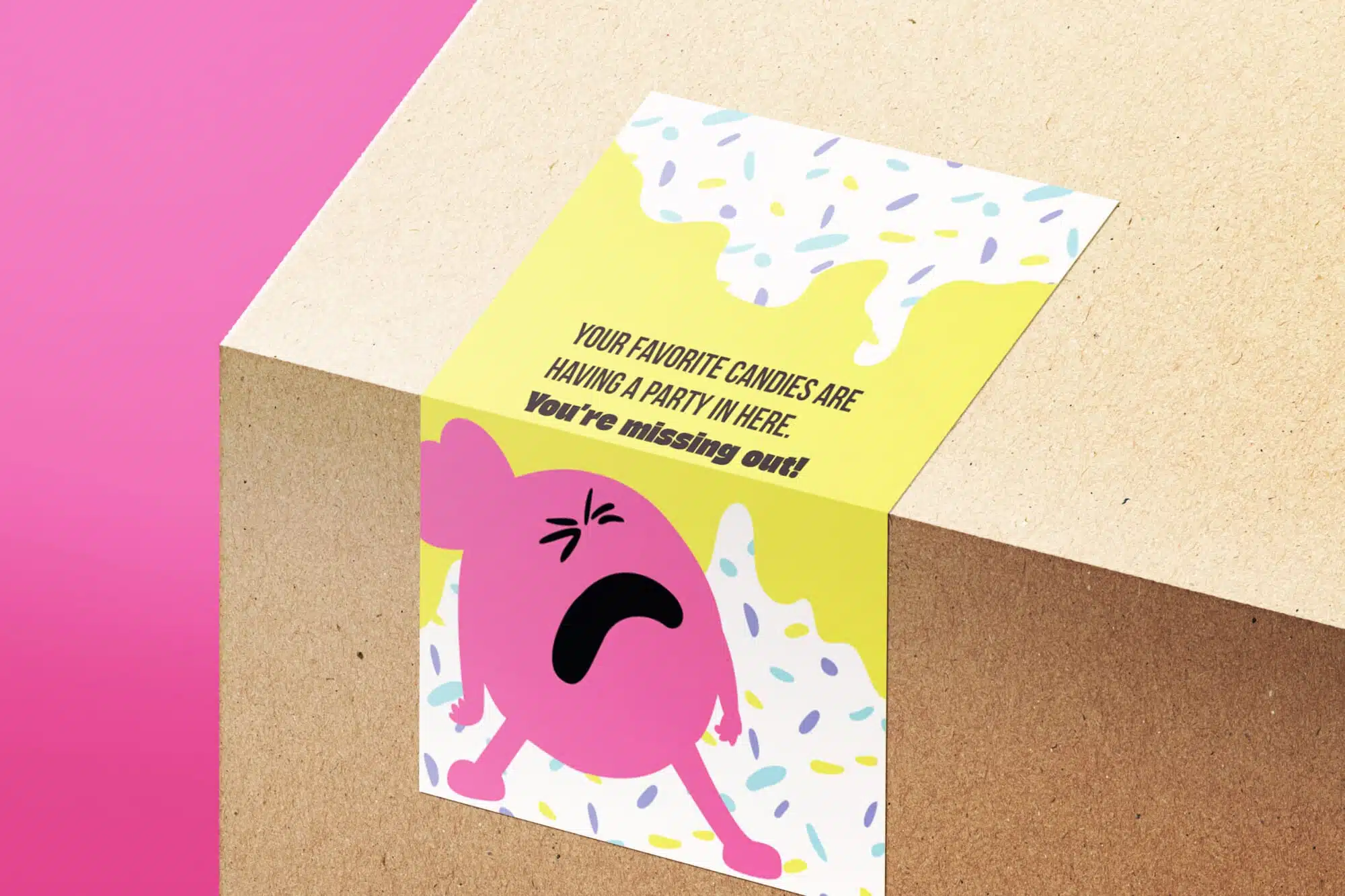 Speelse sticker voor Go Go Candy met roze personage en tekst 'Your favorite candies are having a party in here. You're missin