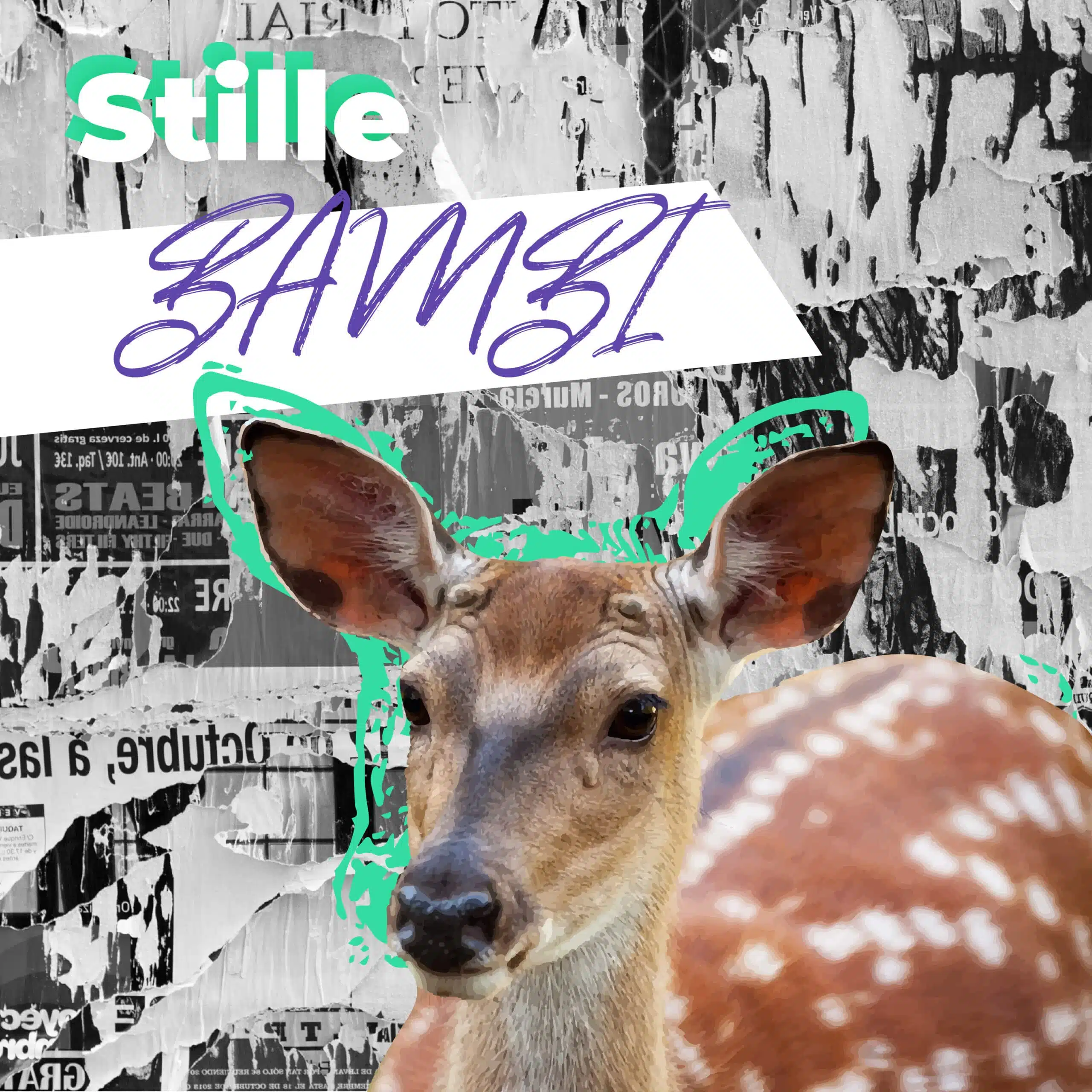 Communicatiebeesten:Hert met de tekst 'Stille bambi' in kleurrijke letters tegen een grijze collage achtergrond.