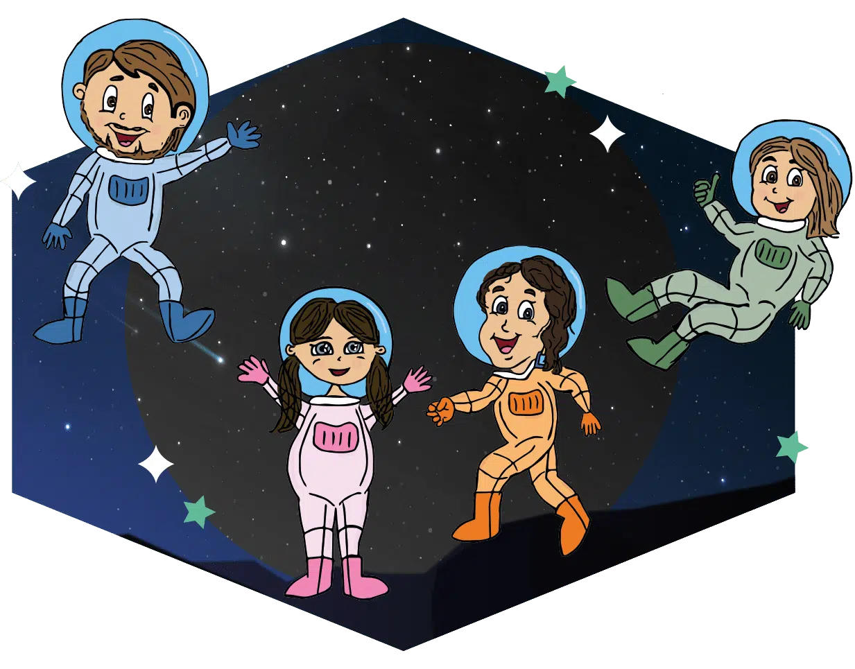 Team Graviteit Febe Stageblog Stagiair Bedrijfscommunicatie. Illustratie van vier astronauten in verschillende gekleurde pakken, zwevend in de ruimte voor een donkere achtergrond.