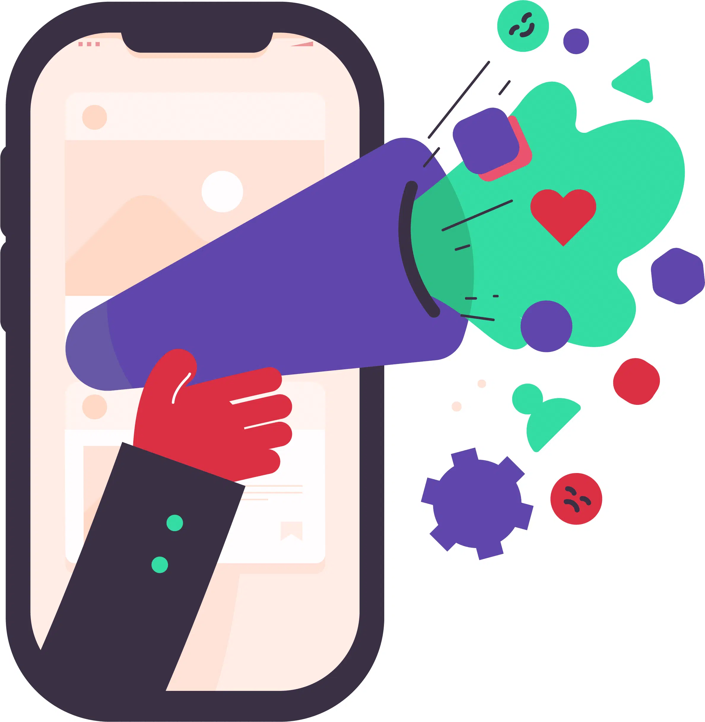Een illustratie van een smartphone met een luidspreker in de hand, waaruit verschillende symbolen zoals harten en tandwielen komen. Dit beeld suggereert sociale media of digitale promotie en interactie.