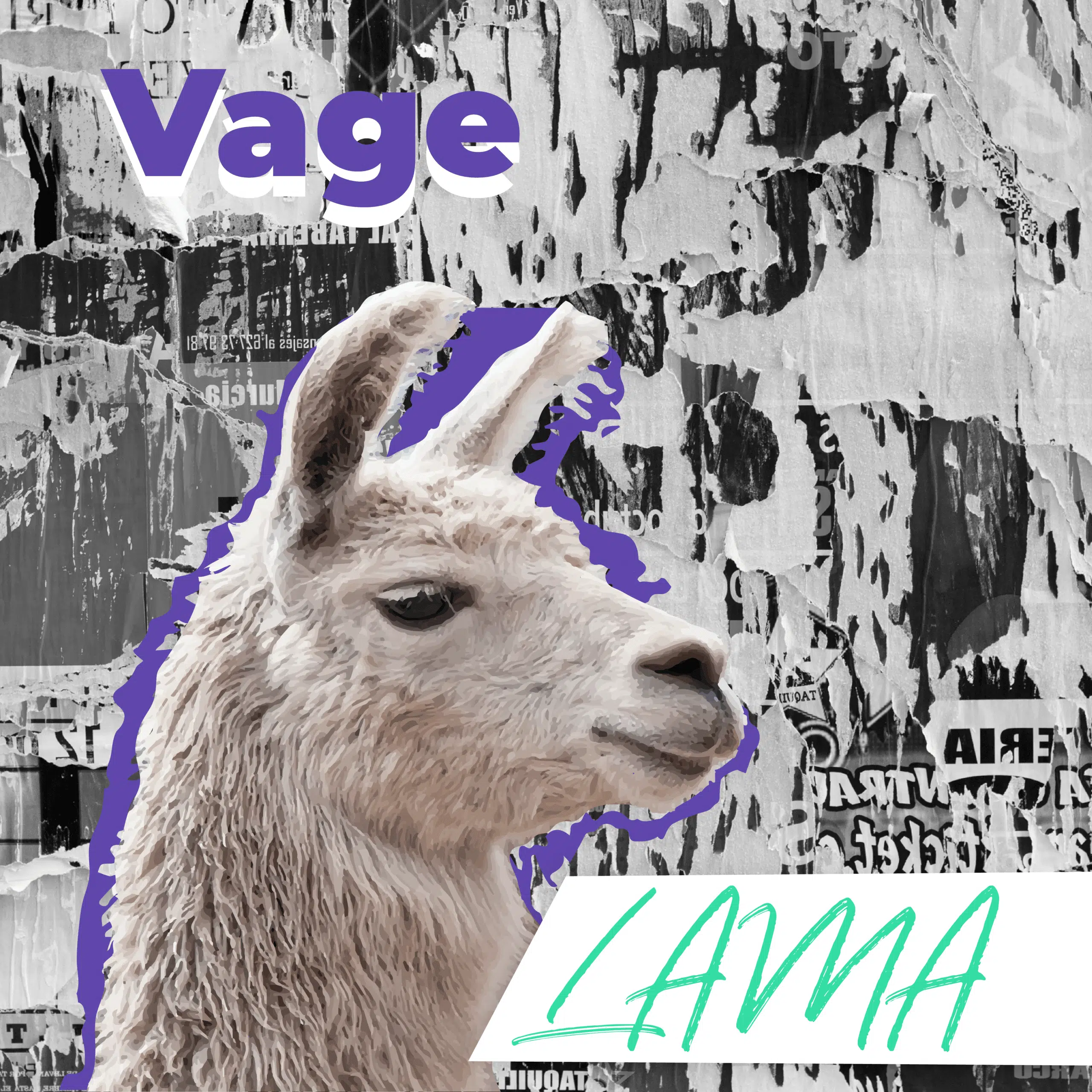 Communicatiebeesten: Lama met de tekst 'Vage lama' in paarse en groene letters tegen een grijze collage achtergrond.
