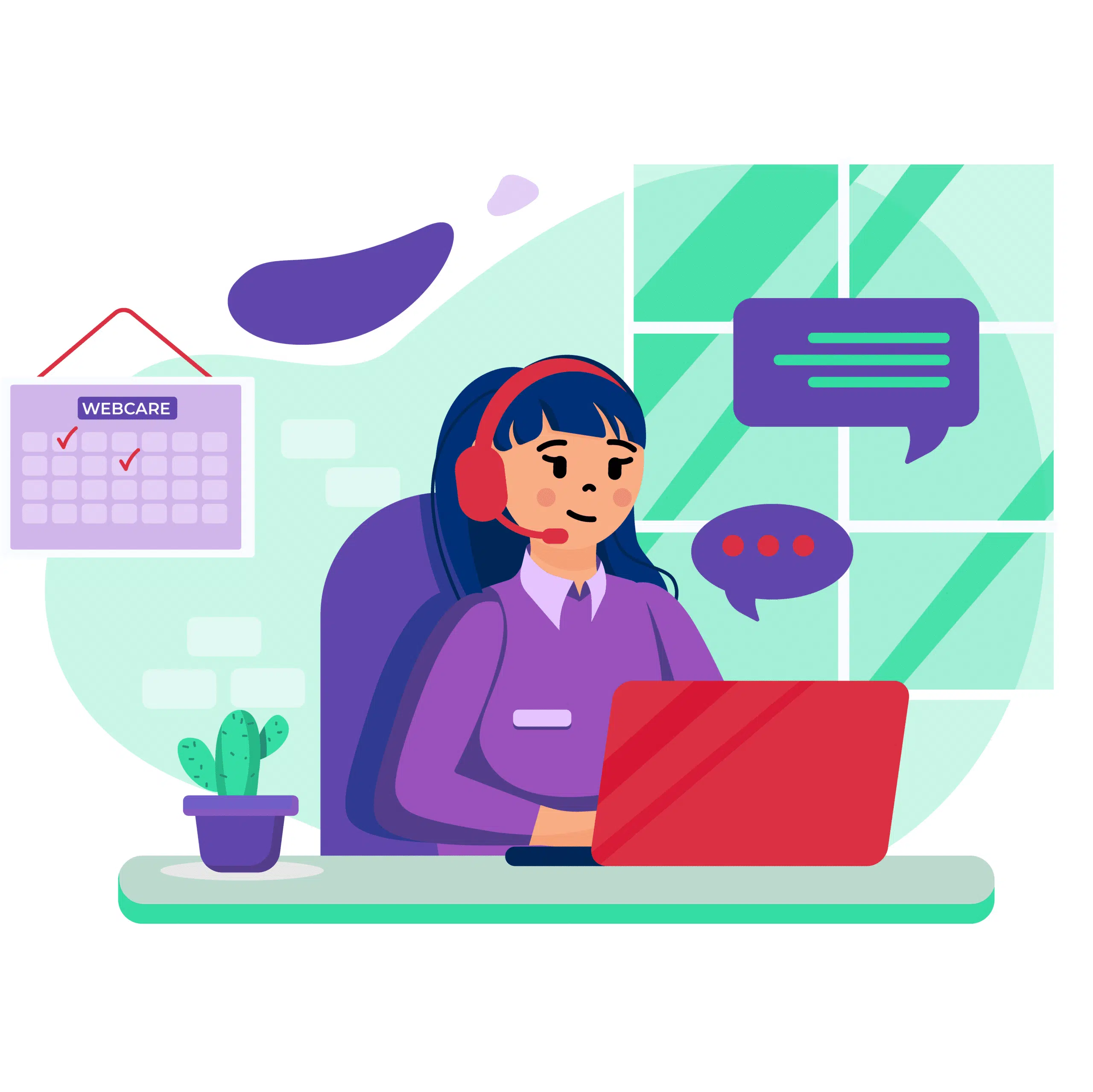 Een illustratie van een vrouw die achter een laptop zit met een headset op, bezig met klantenservice of webcare. Er hangen tekstballonnen om haar heen, wat interactie via chat of berichten symboliseert.
