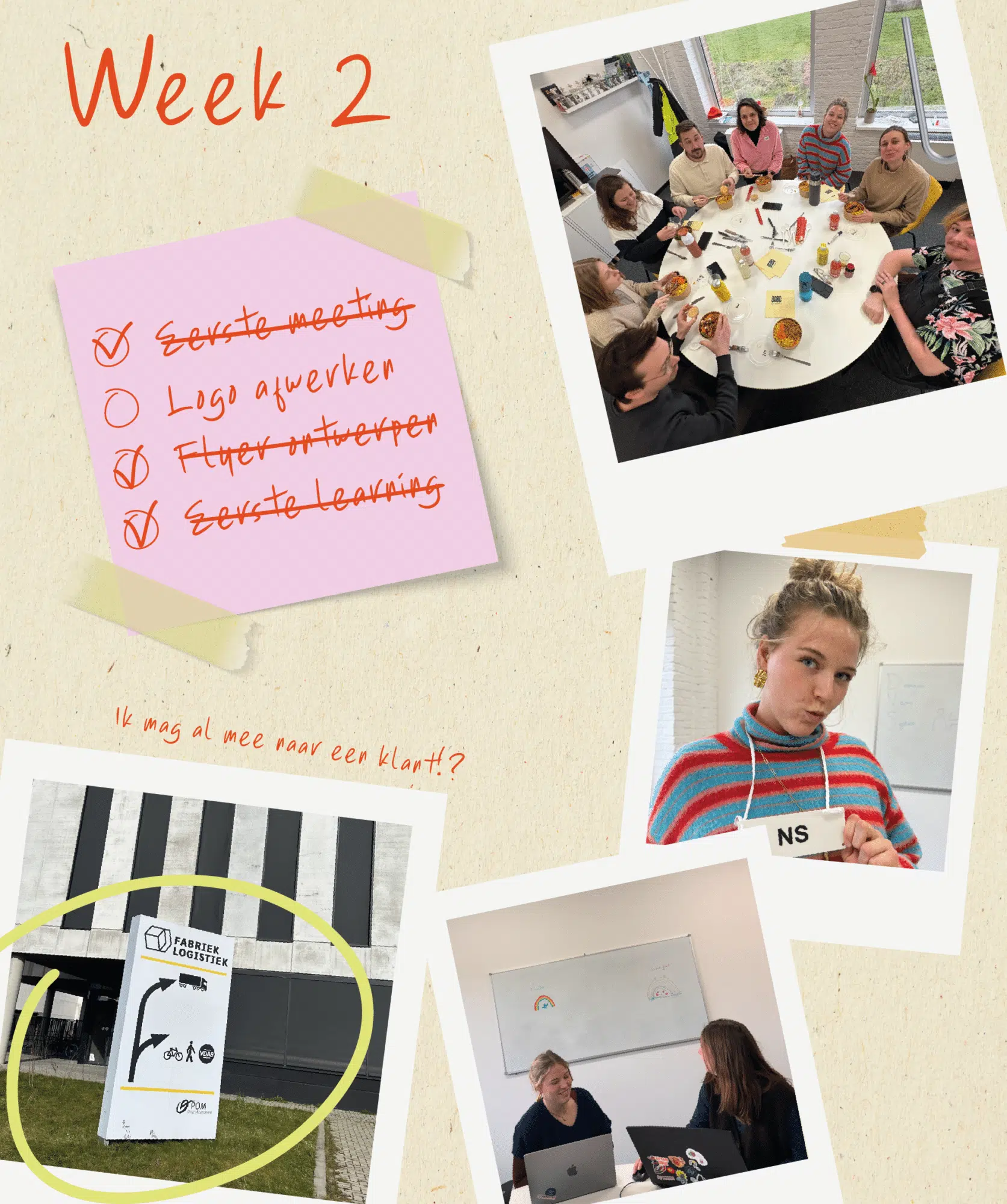 Week 2 stagecollage met teamfoto, checklist met afgevinkte taken, logoherkenning en werkmomenten bij Graviteit