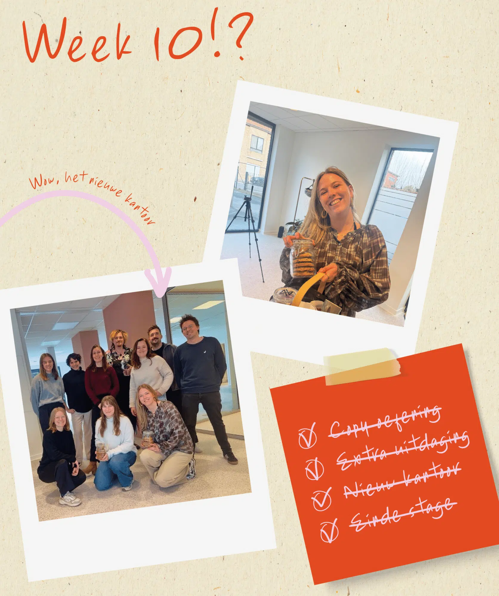 Scrapbook pagina "Week 10!?" met stagiair foto's en checklist voor copywriting, social media, afscheid kantoor en finale stag