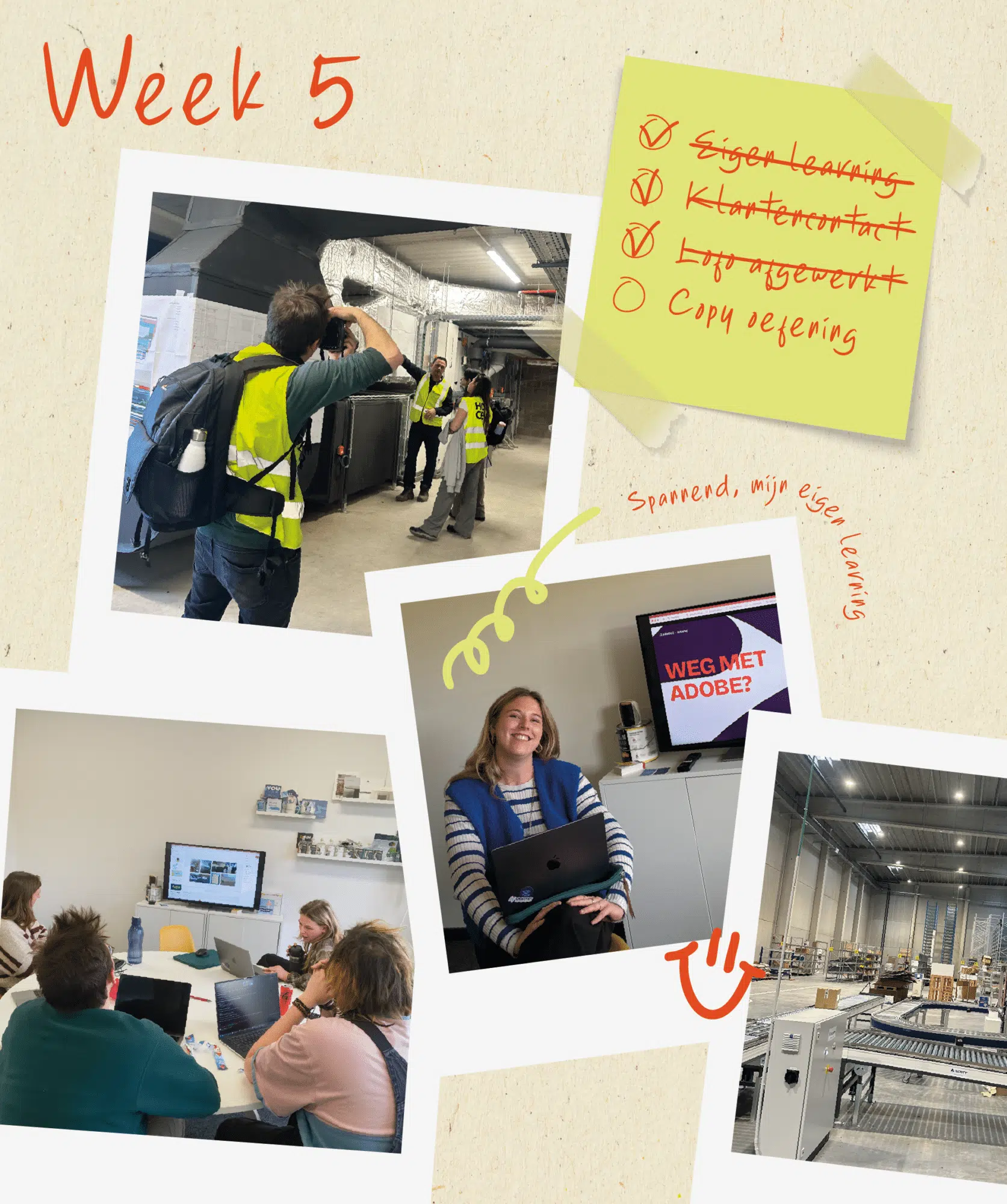 Week 5 stage dagboek met collage van foto's: werknemers in veiligheidsvestjes, student met laptop, kantoor en magazijn