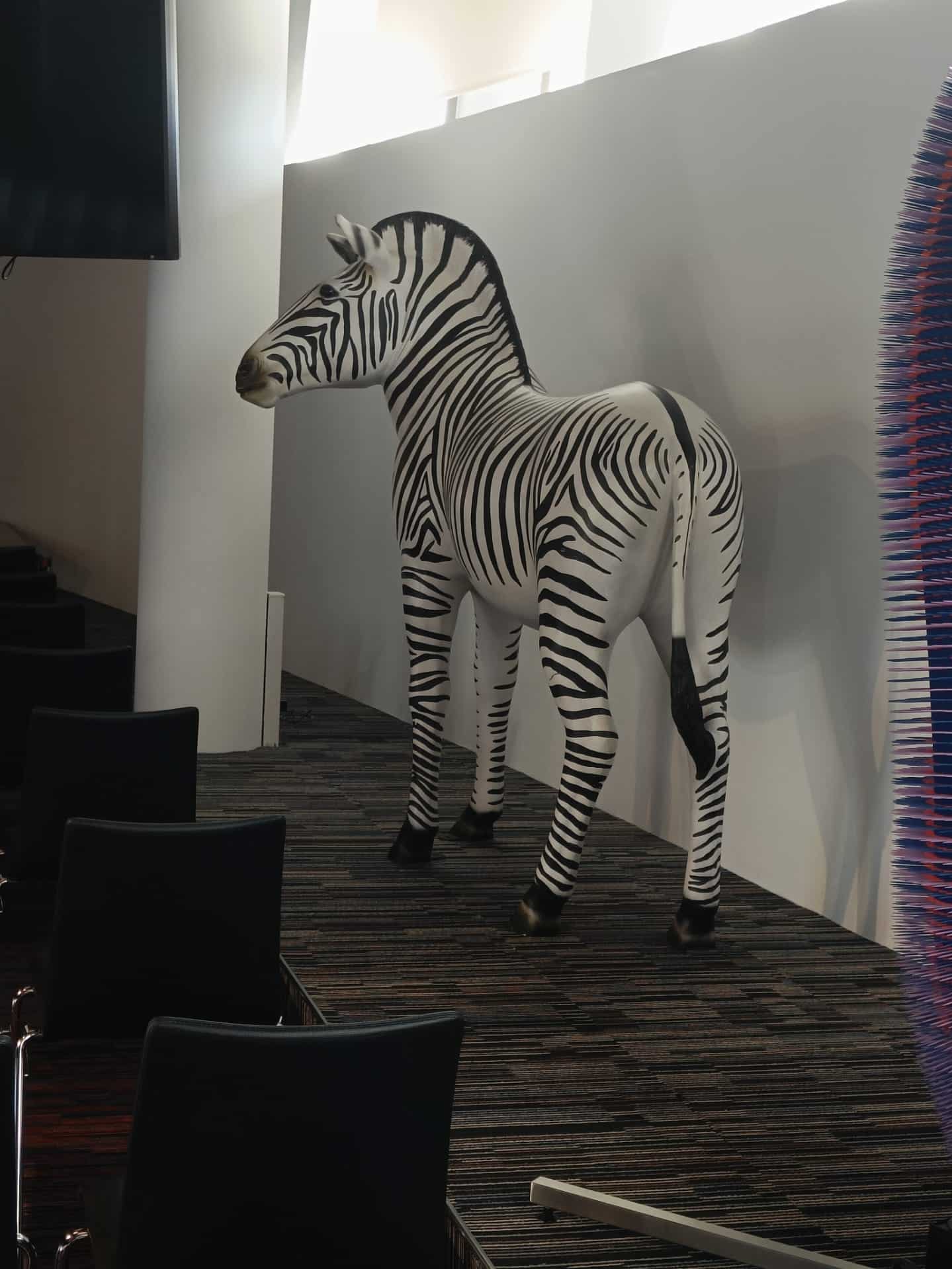 Een bredere opname van hetzelfde zebra standbeeld in wat lijkt op een expositie of een grote ruimte, waarbij het volledige figuur zichtbaar is.