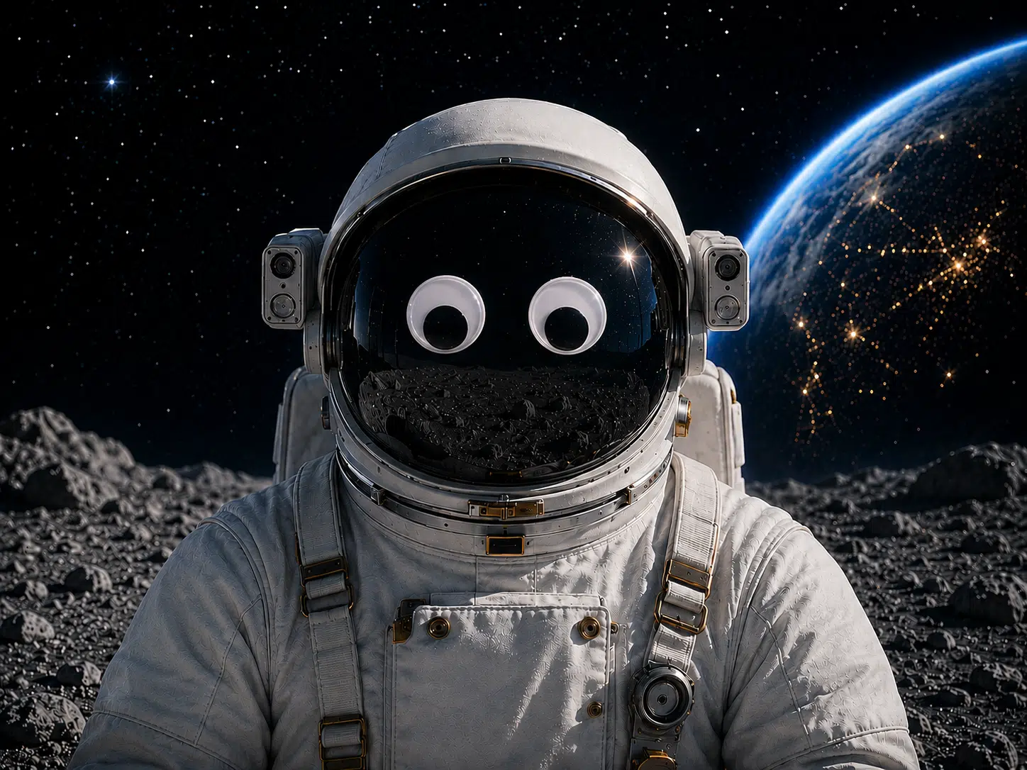 Astronaut in witte ruimtepak met googly eyes op de maan met de aarde zichtbaar op de achtergrond tussen de sterren
