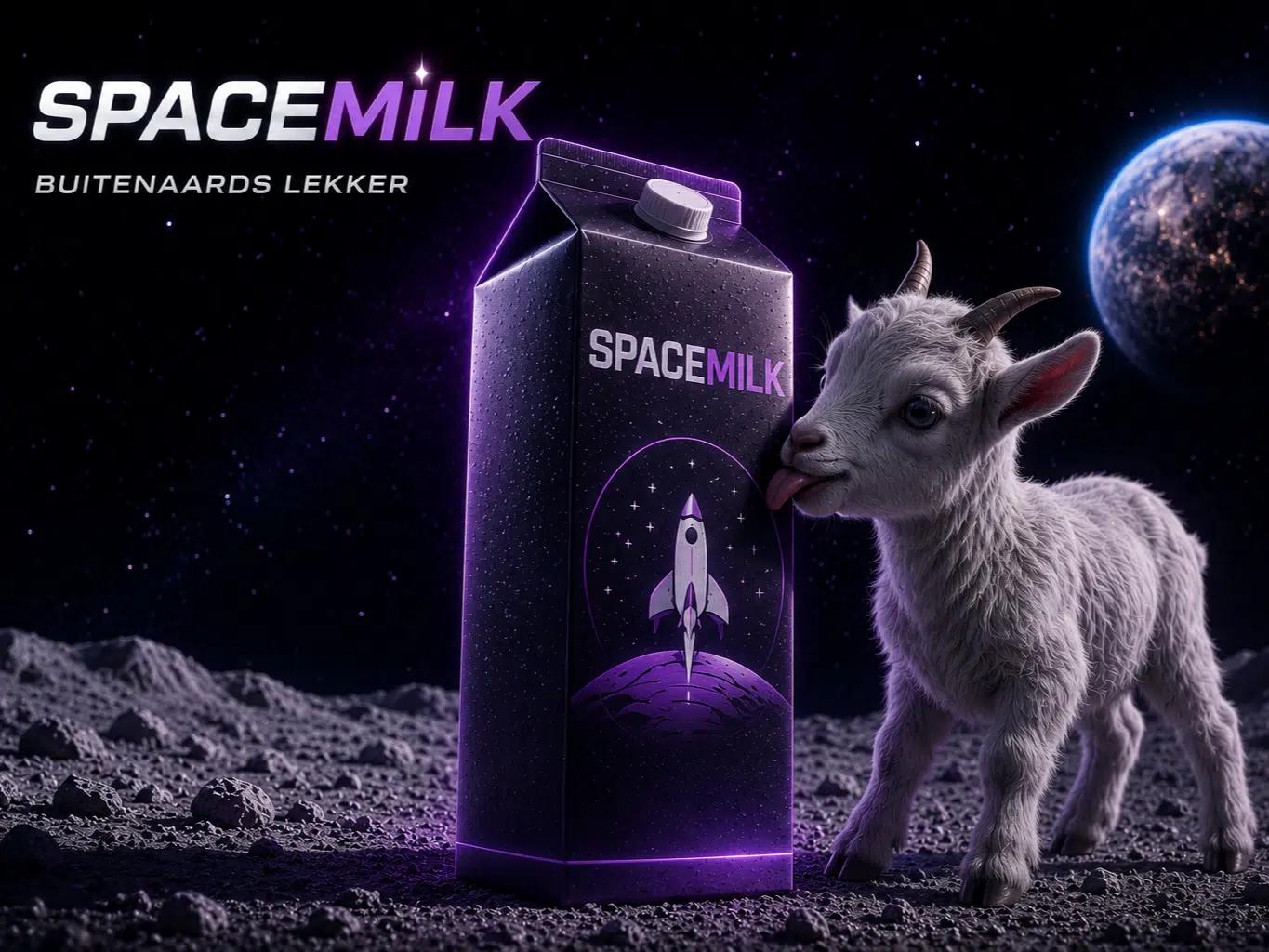 Paarse melkpak met ruimteschip logo staat op maanoppervlak naast jonge geit, met planeet en sterren op achtergrond