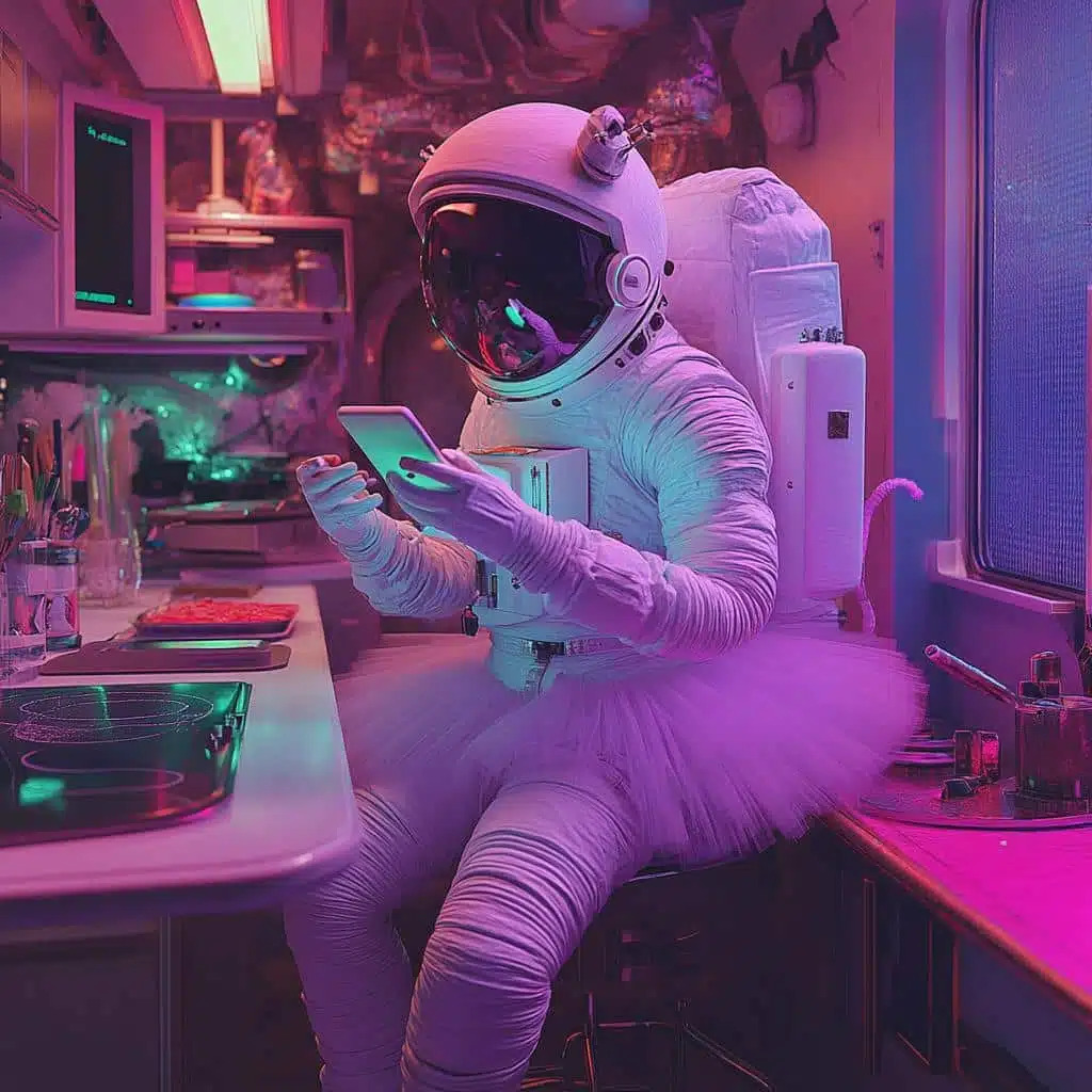 Astronaut in wit ruimtepak en tutu scrolt op een tablet in een neonverlichte futuristische keuken – creatieve TikTok-content