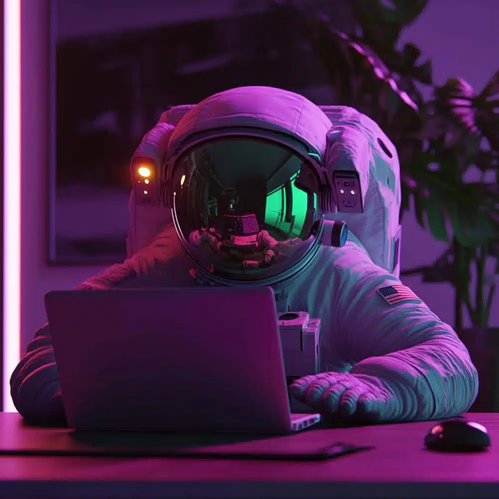 Astronaut die op een laptop werkt en Google Consent Mode V2 instelt voor GDPR-compliancy.