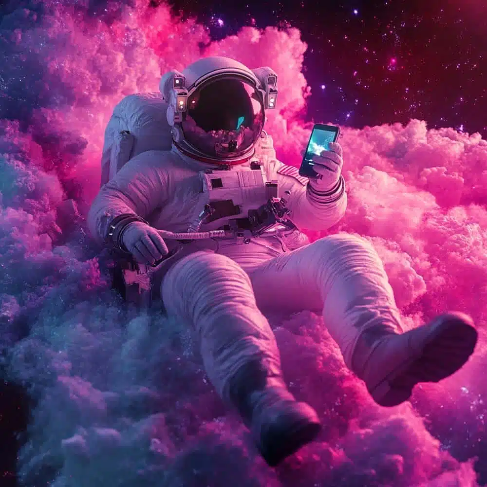 Astronaut in wit ruimtepak scrollt op een smartphone, omringd door roze en paarse kosmische wolken — illustratie bij TikTok-t