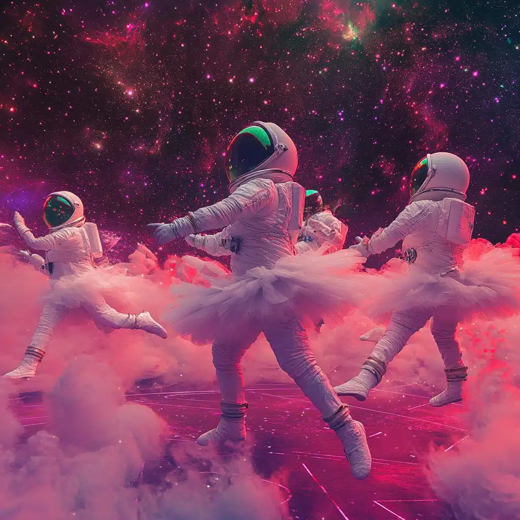 Drie dansende astronauten in witte ruimtepakken en tutu's zweven in een kleurrijke roze kosmos bezaaid met sterren en nevels.