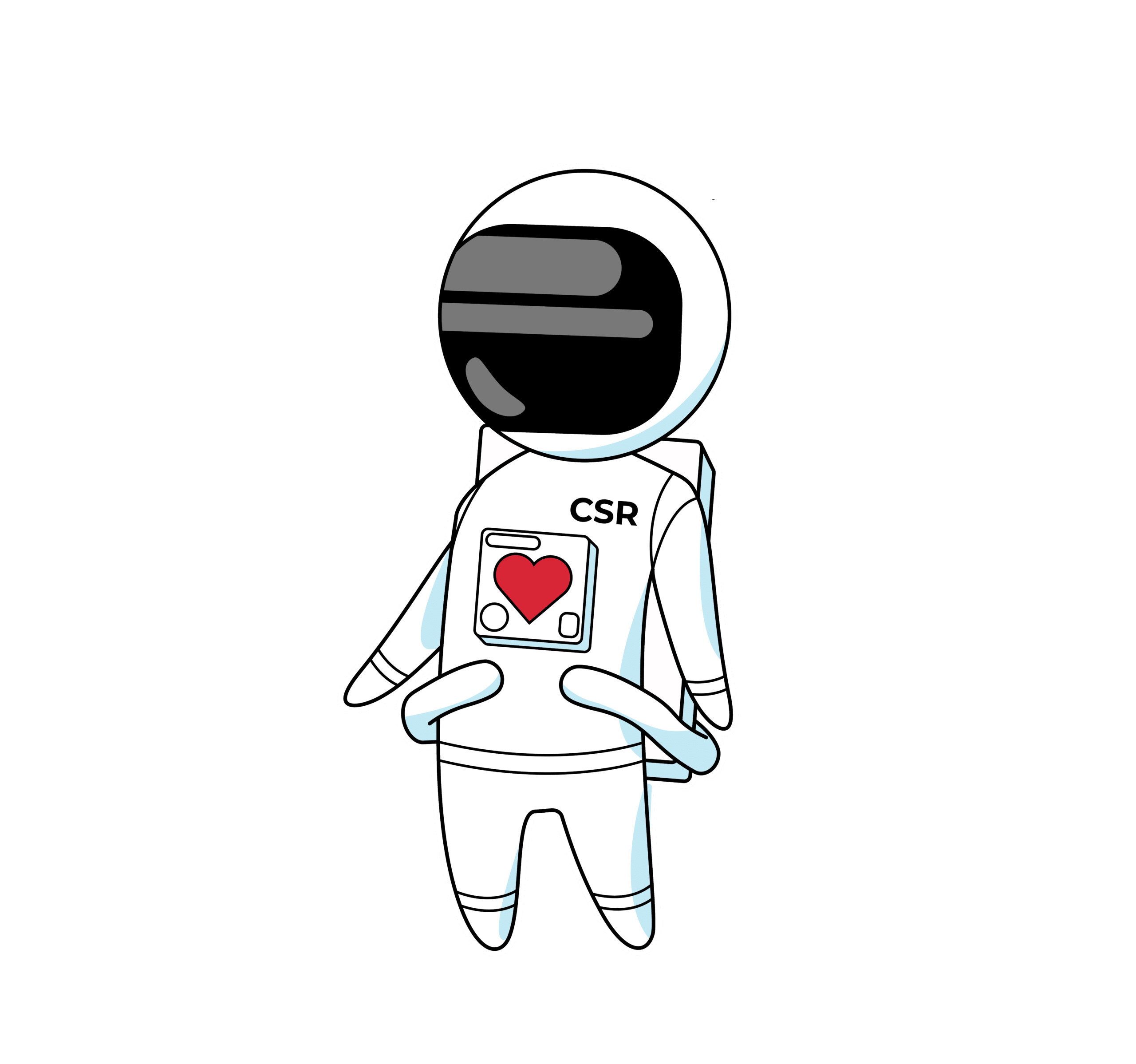 Illustratie van een astronaut met CSR-emblemen en een hart.