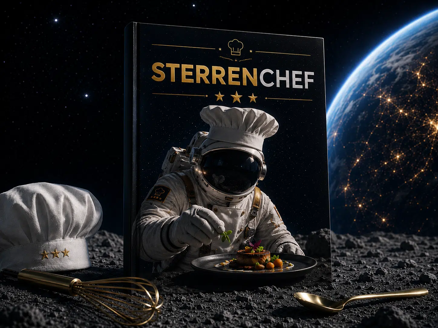 Astronaut met chef-kok hoed bereid gerecht op maan met kookgerei en "STERRENCHEF" tekst