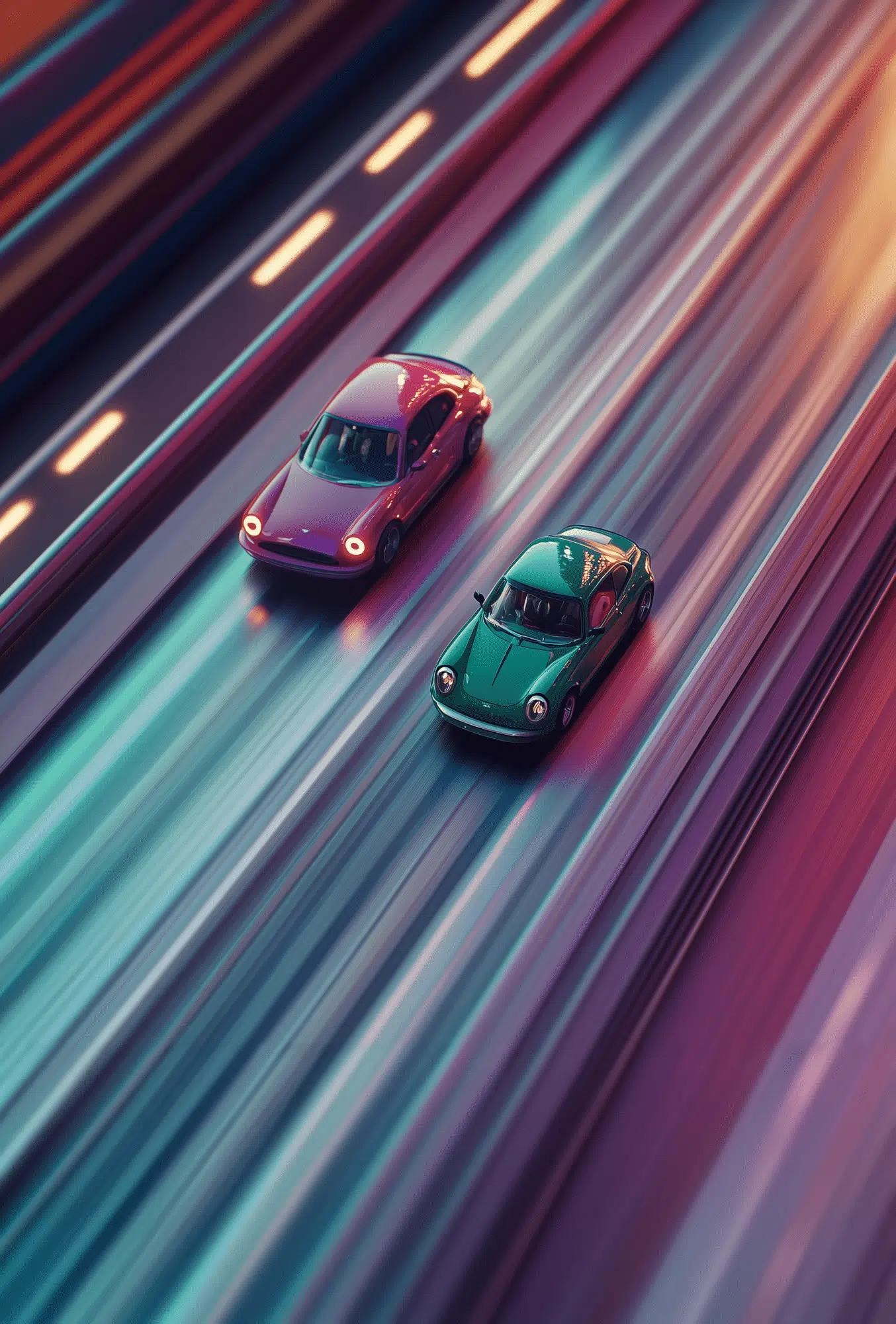 Een afbeelding voor de blog met tips om je social media te boosten van twee auto's die racen op een snelweg. De afbeelding heeft een dynamische en levendige uitstraling, met lichtstrepen die hoge snelheid aangeven. De auto's zijn op een enigszins gestileerde of futuristische manier weergegeven, met één auto in het paars en de andere in het groen.