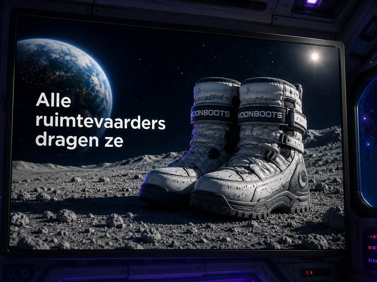 Ruimtelaarzen op maanoppervlak met aarde en zon op achtergrond, met Nederlandse tekst "Alle ruimtevaarders dragen ze"