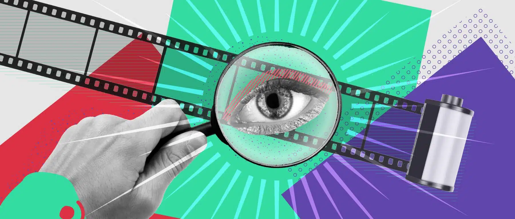 visuele communicatie graviteit: Vergrootglas met oog en filmrol, met kleurrijke abstracte achtergrondelementen.