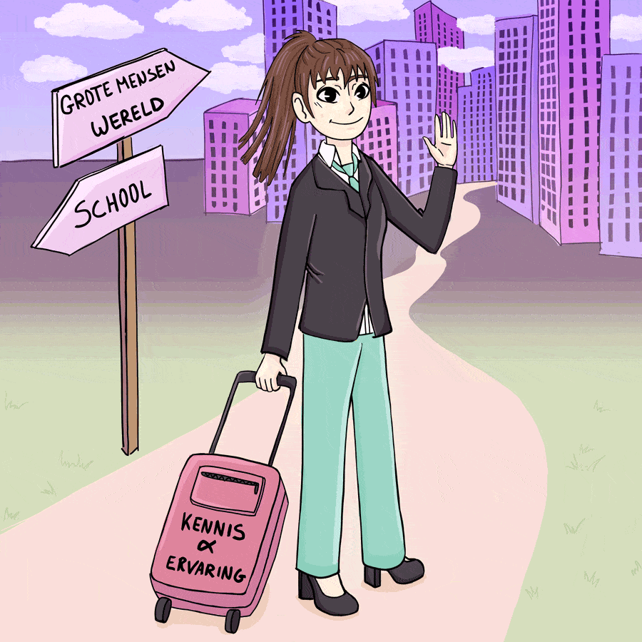 Een gif waar een vrouw op te zien is die zwaait. Op de achtergrond staan 2 pijlen, een wijst naar school en de andere naar grote mensen wereld. De vrouw is met haar valies onderweg naar de grote mensen wereld.