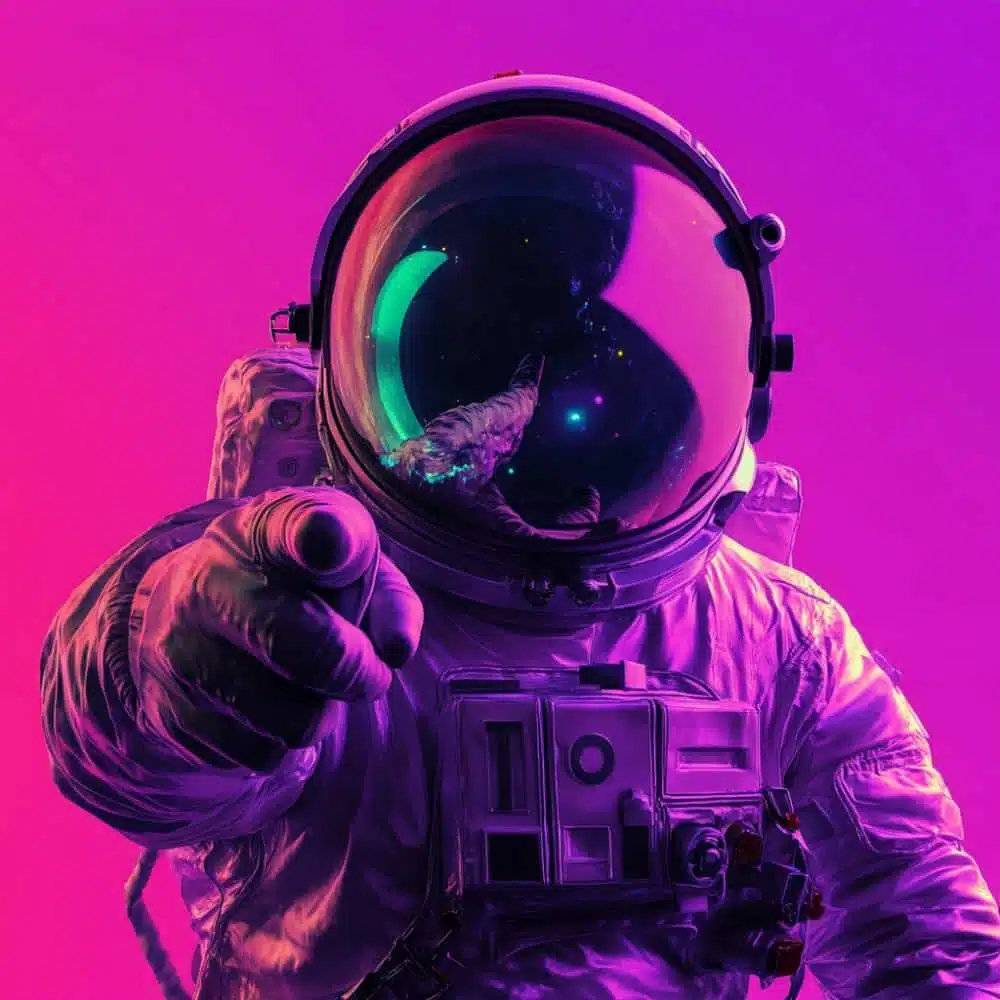 Astronaut wijst naar kijker in roze ruimtepak tegen paarse achtergrond voor social media volgers strategie