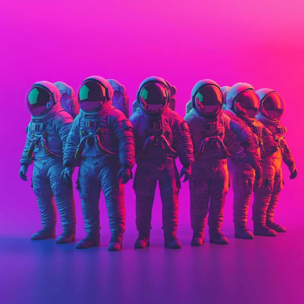 Zes astronauten in witte ruimtepakken tegen een levendige roze en paarse achtergrond, symbolisch voor groei op sociale media