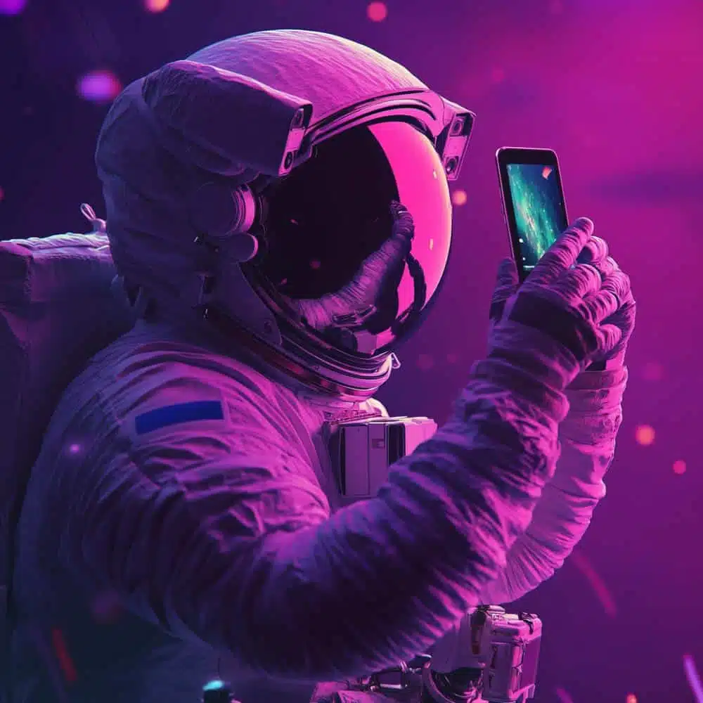 Astronaut in paarse ruimtepak bekijkt smartphone tegen neonroze sterrenhemel achtergrond