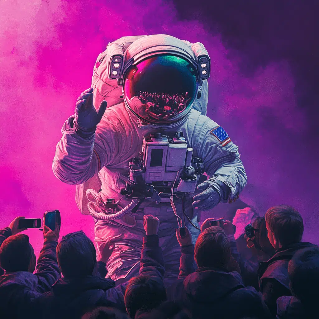 Astronaut in witte ruimtepak wuift naar publiek tegen roze en paarse neon achtergrond