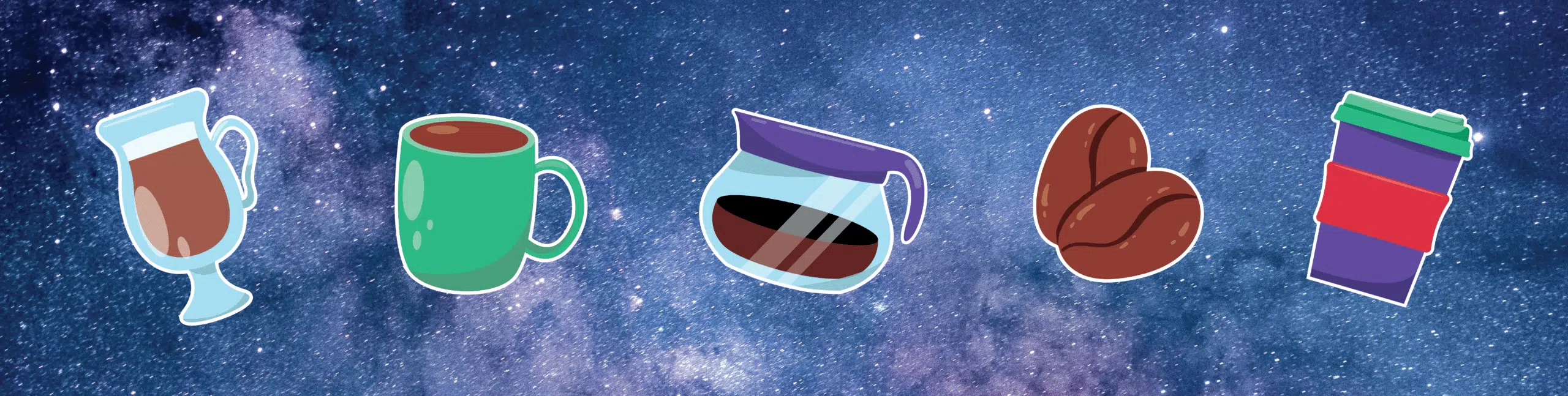 Een reeks van vijf iconen, waaronder een glas koffie, een mok, een koffiepot, koffiebonen en een herbruikbare koffiebeker, tegen een sterrenhemel achtergrond.