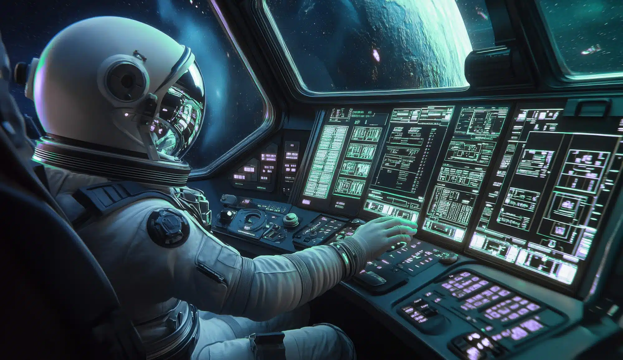 Astronaut in een ruimtetoestel aan een controlepaneel, net zoals een webbeheerder aan de controle-opties voor SEO in de back-end van hun website.