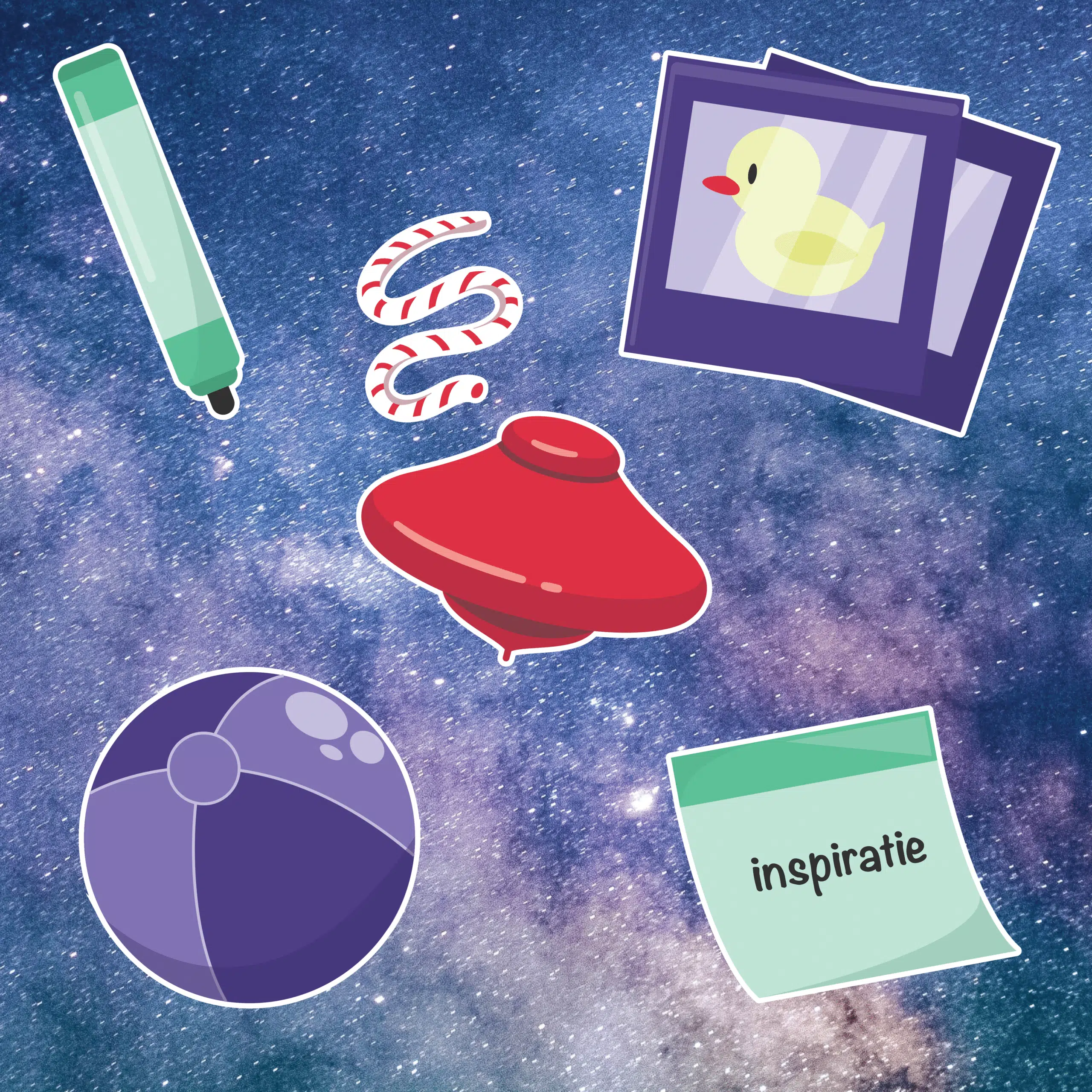 Speelgoed en Inspiratie Illustratie: Illustraties van speelgoed zoals een tol, een pen, snoepjes en een inspiratienotitie, zwevend tegen een sterrenhemel achtergrond, die speelsheid en creativiteit uitbeelden.