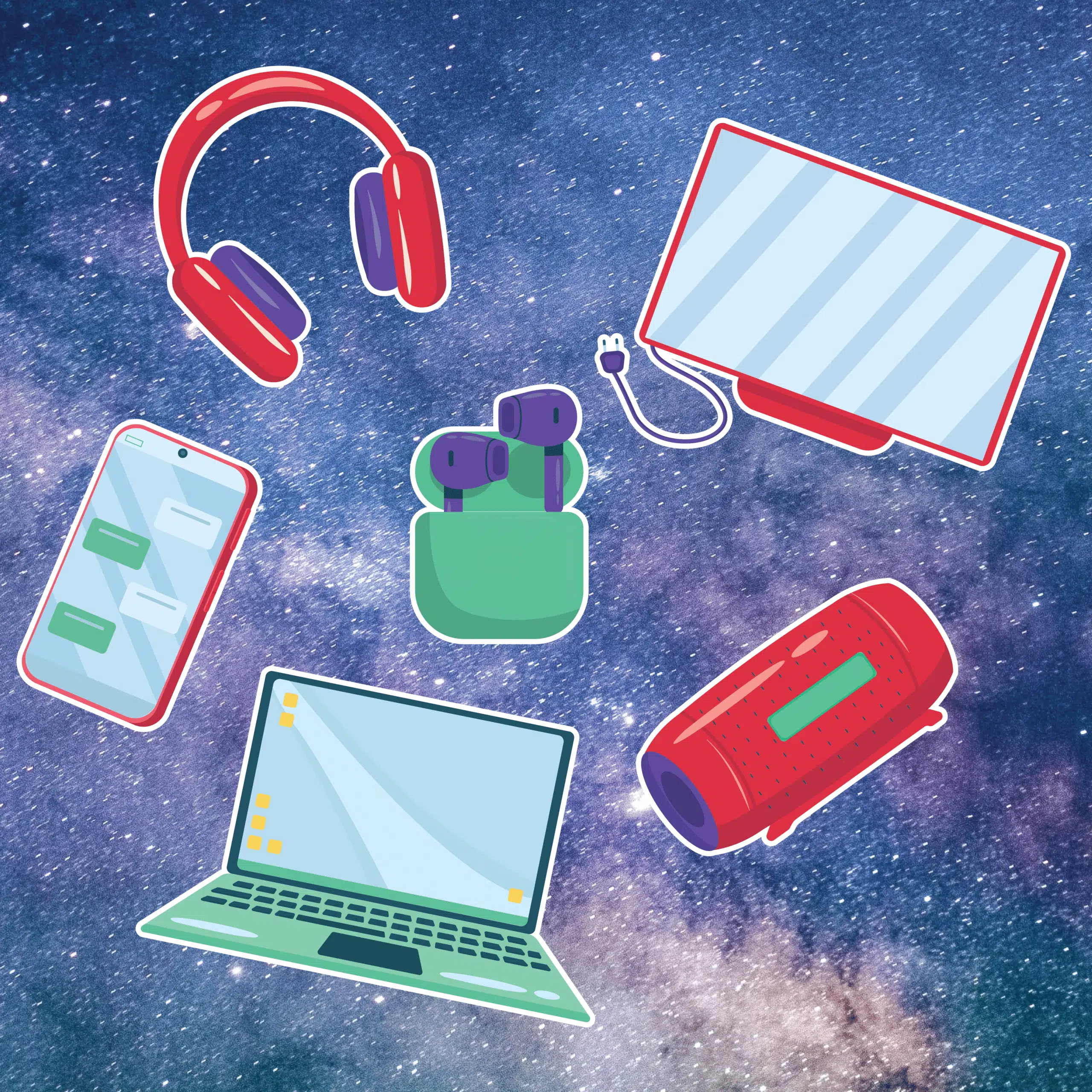 Technologische Apparaten Illustratie: Verschillende technologische apparaten zoals een laptop, smartphone, hoofdtelefoon, en oordopjes zijn getekend tegen een achtergrond van de sterrenhemel, wat technologie en futurisme uitstraalt.