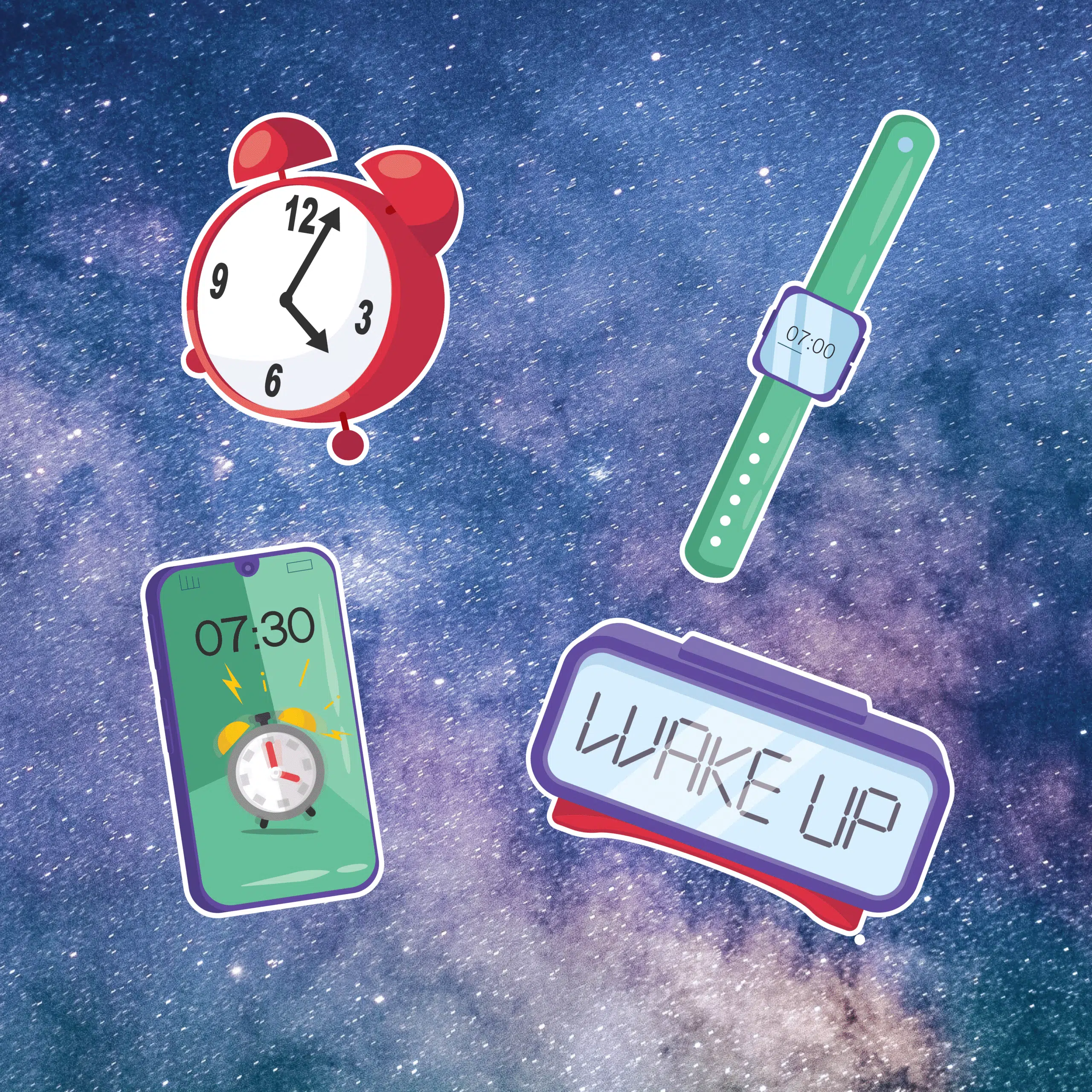 Wekkers Illustratie: Verschillende illustraties van wekkers en tijdgerelateerde objecten zoals een alarmklok, smartwatch, en een wekker app op een smartphone, allemaal tegen een achtergrond van de sterrenhemel.