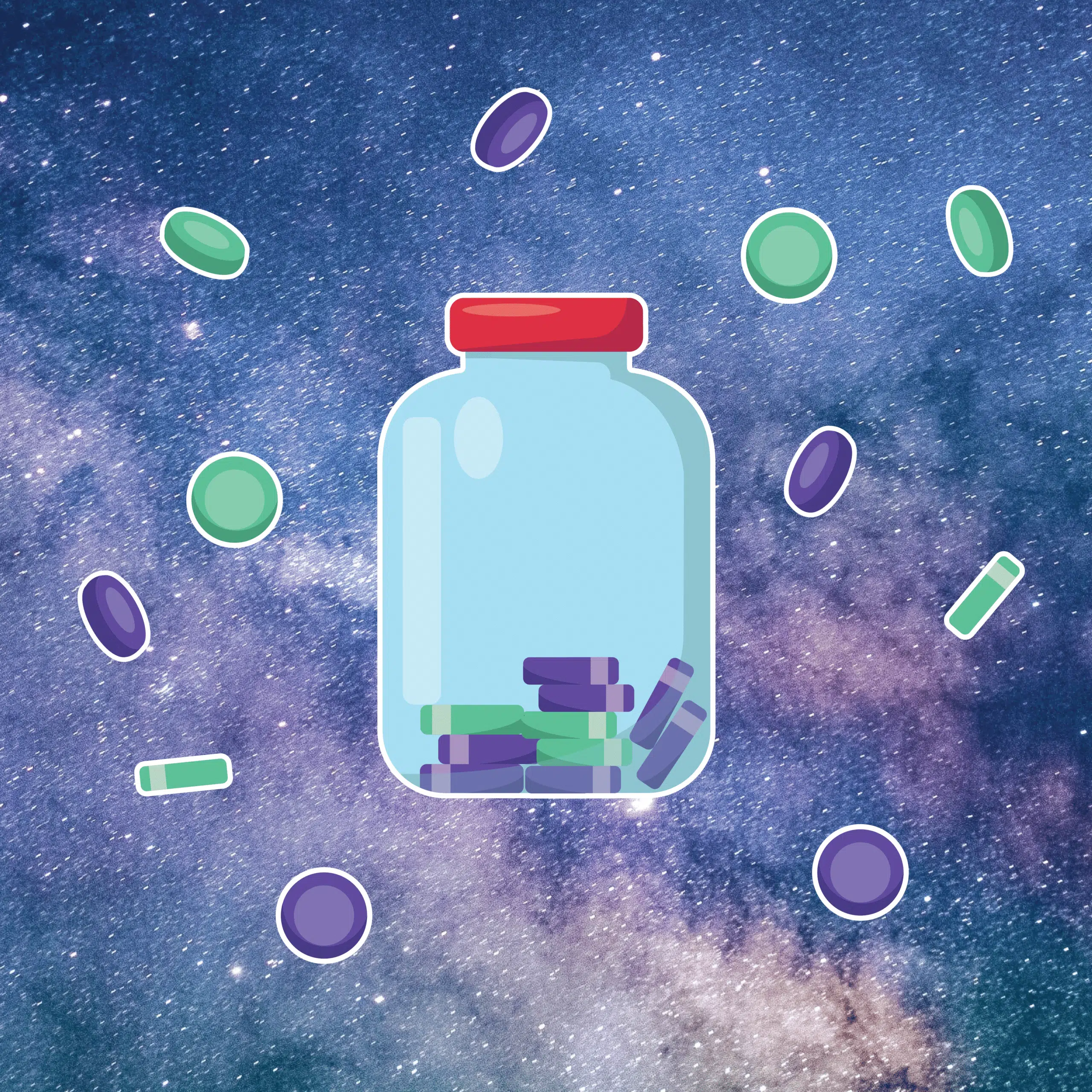 Illustratie met Pot en Pillen: Een illustratie van een glazen pot met pillen en tabletten die door de ruimte zweven, tegen een achtergrond van de sterrenhemel, wat een dromerige en abstracte sfeer creëert.