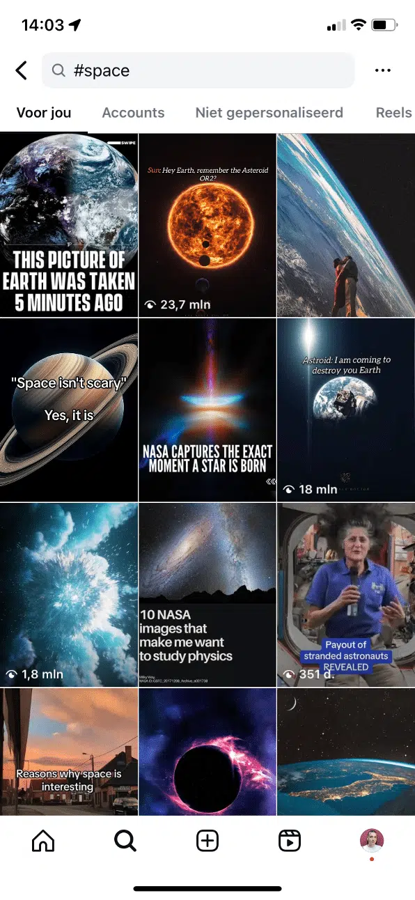 Instagram-grid met populaire ruimte-gerelateerde posts onder #space - illustratie van hoe hashtag hacks helpen om bij trending onderwerpen te horen.