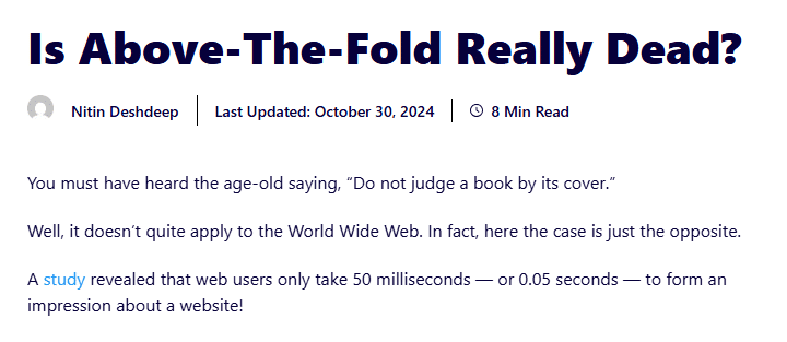 Blog artikel header "Is Above-The-Fold Really Dead?" door Nitin Deshdeep, 8 minuten leestijd