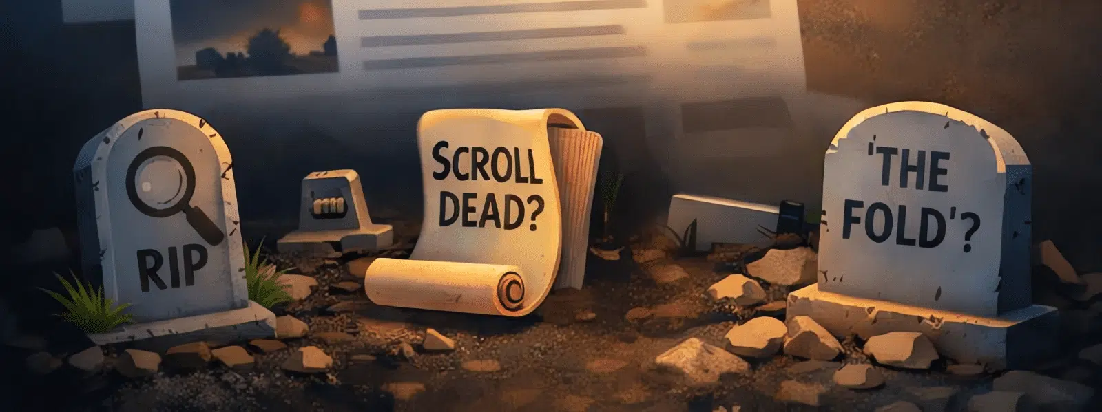 Grafzerken met boodschappen van de fold en "scroll dead?" in de voorgrond met op de achtergrond een website.